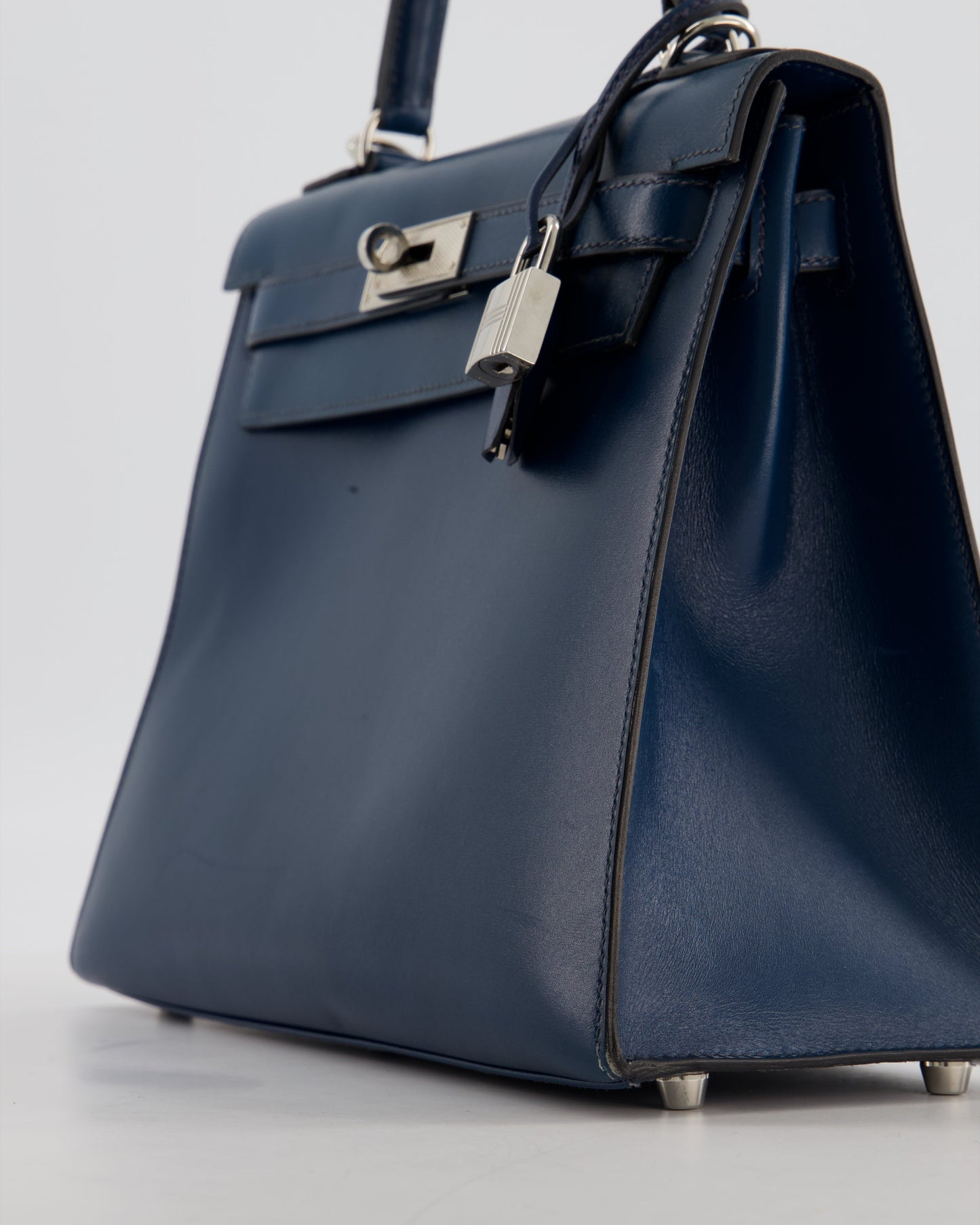 *VERY RARE* Hermes Kelly 28 Sellier Bag in Bleu De Prusse Box Calf Leather with Guilloche Palladium Hardware