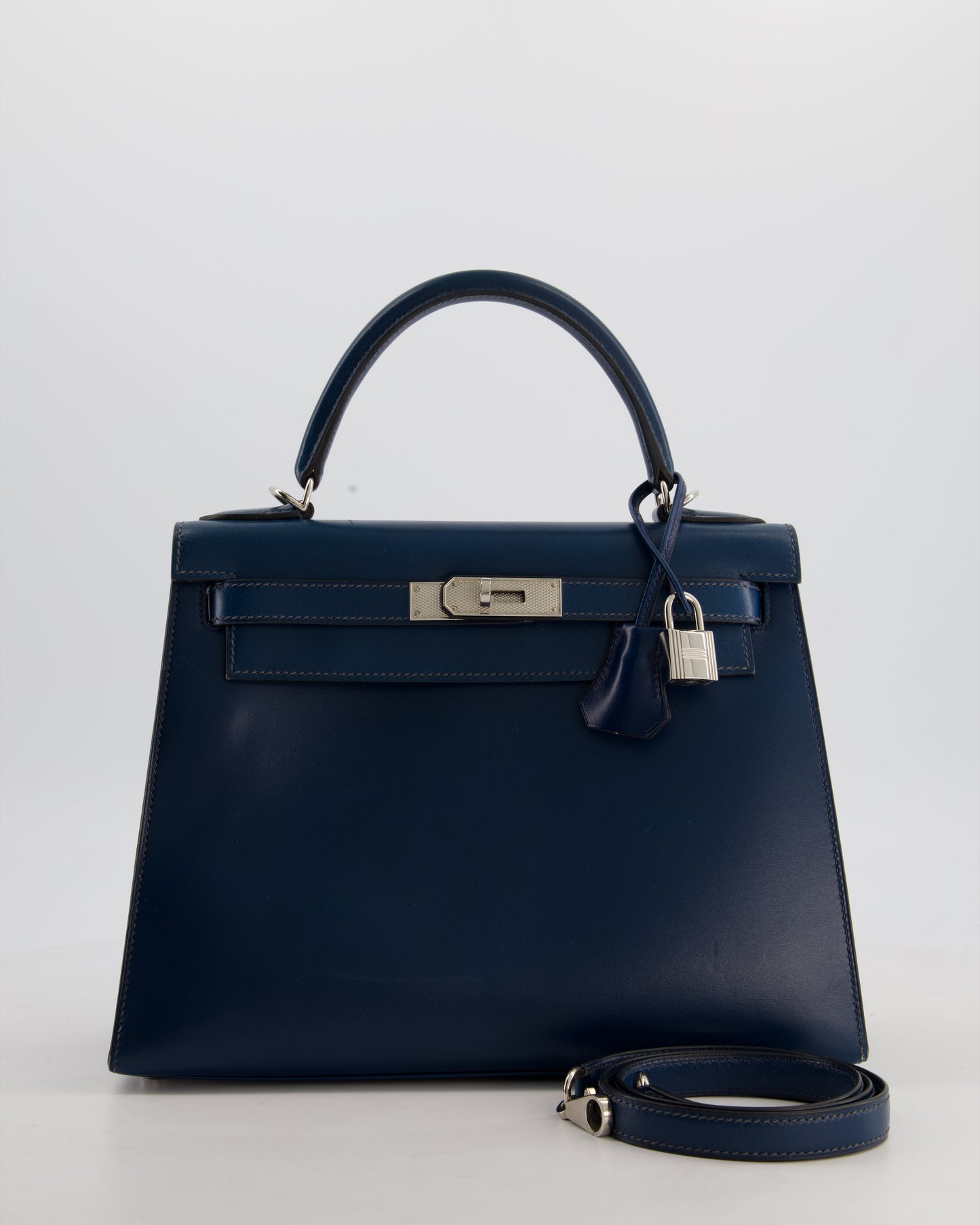 *VERY RARE* Hermes Kelly 28 Sellier Bag in Bleu De Prusse Box Calf Leather with Guilloche Palladium Hardware