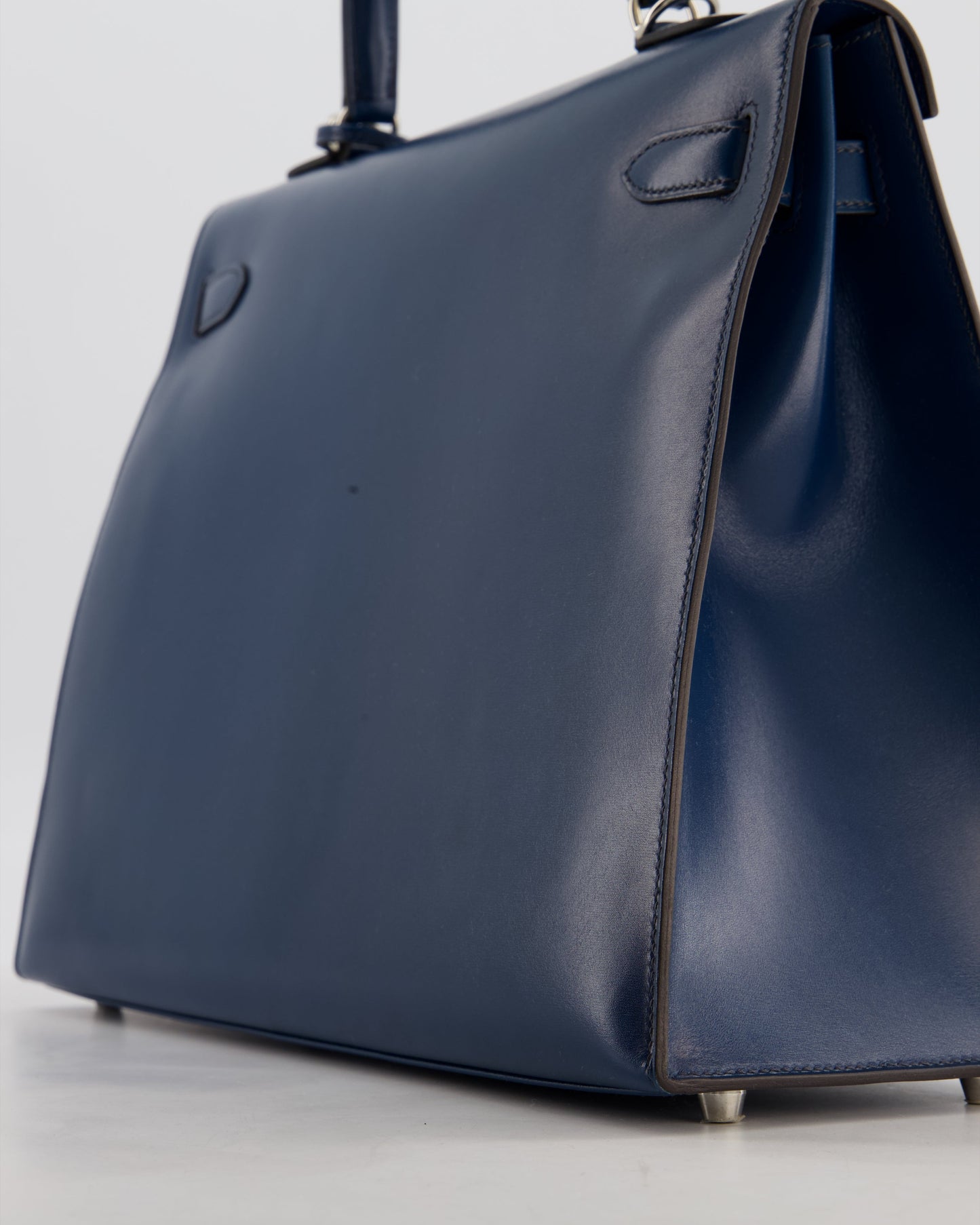 *VERY RARE* Hermes Kelly 35 Sellier Bag in Bleu De Prusse Box Calf Leather with Guilloche Palladium Hardware