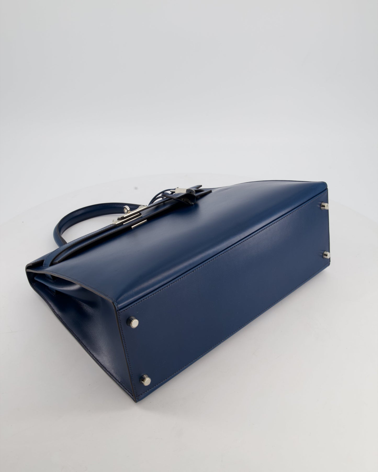 *VERY RARE* Hermes Kelly 35 Sellier Bag in Bleu De Prusse Box Calf Leather with Guilloche Palladium Hardware