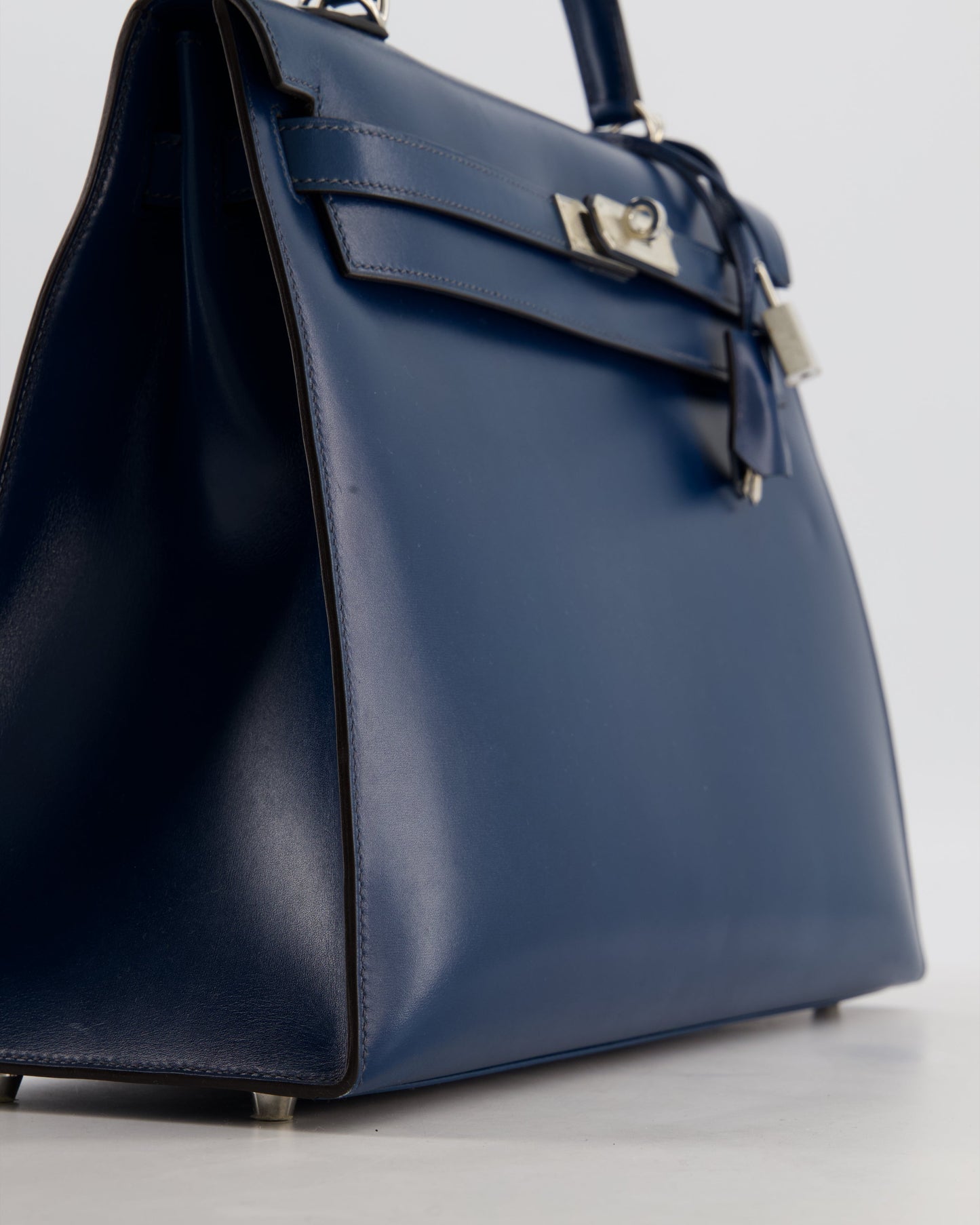 *VERY RARE* Hermes Kelly 35 Sellier Bag in Bleu De Prusse Box Calf Leather with Guilloche Palladium Hardware