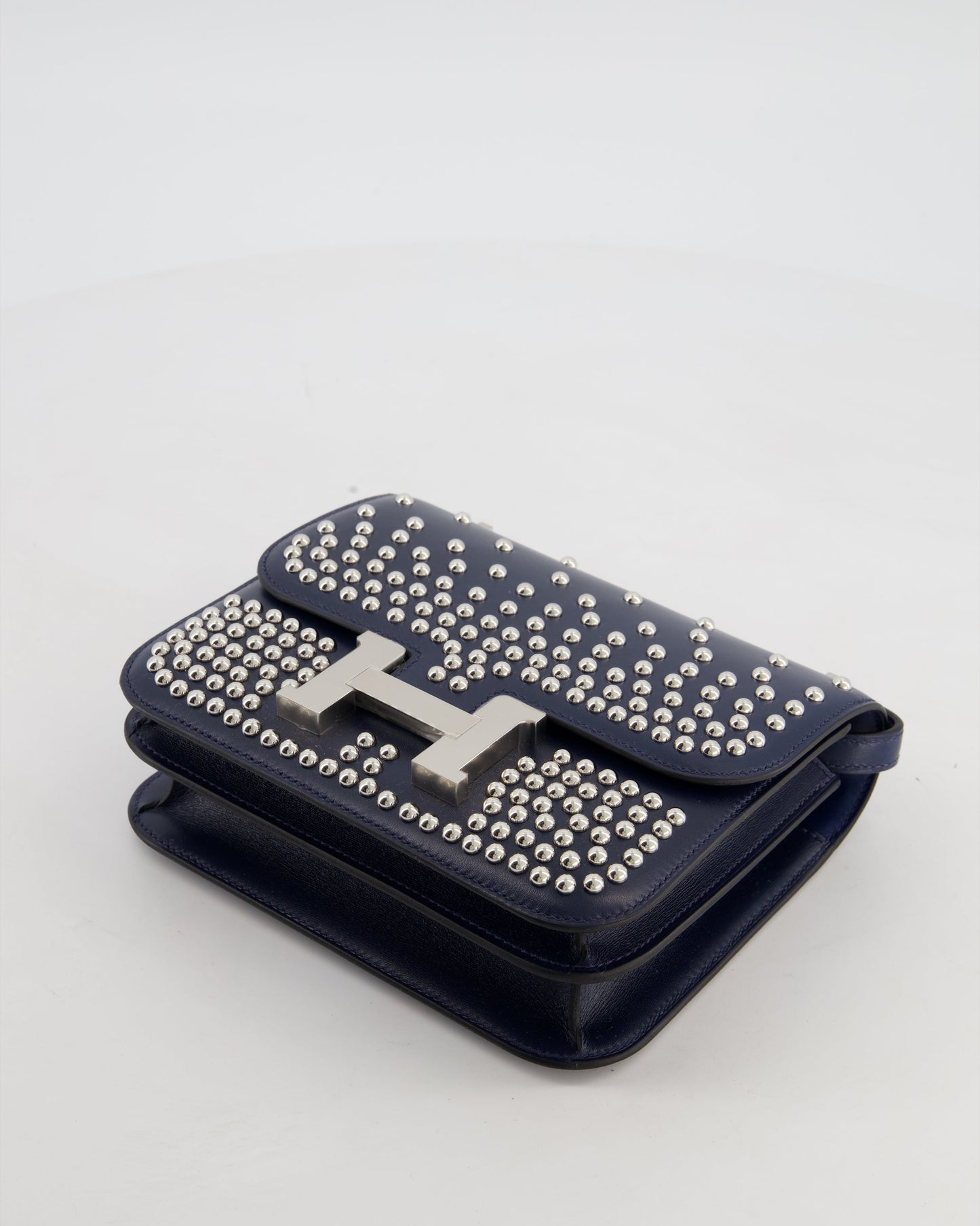 *LIMITED EDITION* Hermes Mini Constance Clouté III Miroir 18 Bag in Bleu Abysse Calfskin Box Leather with Palladium Hardware