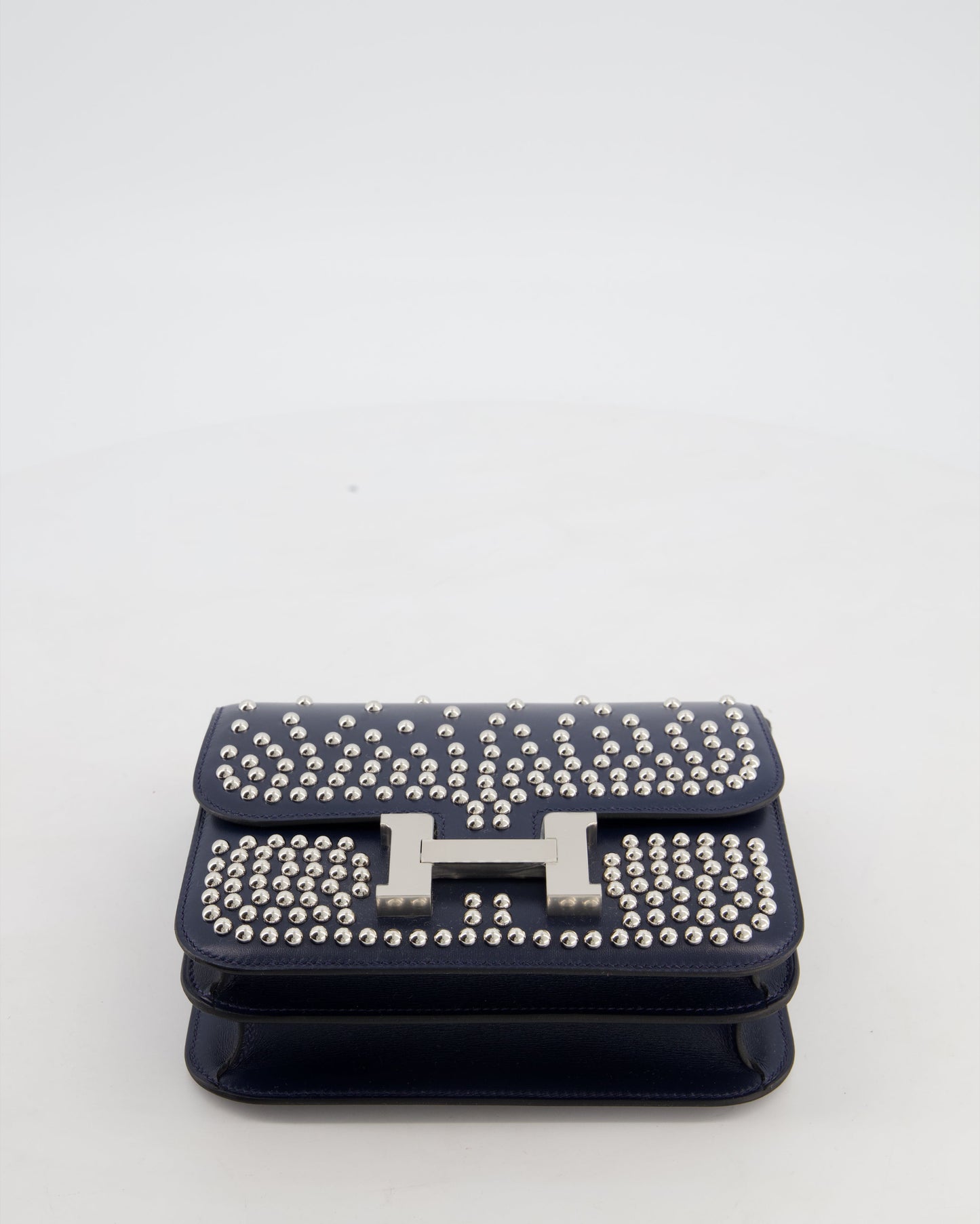 *LIMITED EDITION* Hermes Mini Constance Clouté III Miroir 18 Bag in Bleu Abysse Calfskin Box Leather with Palladium Hardware