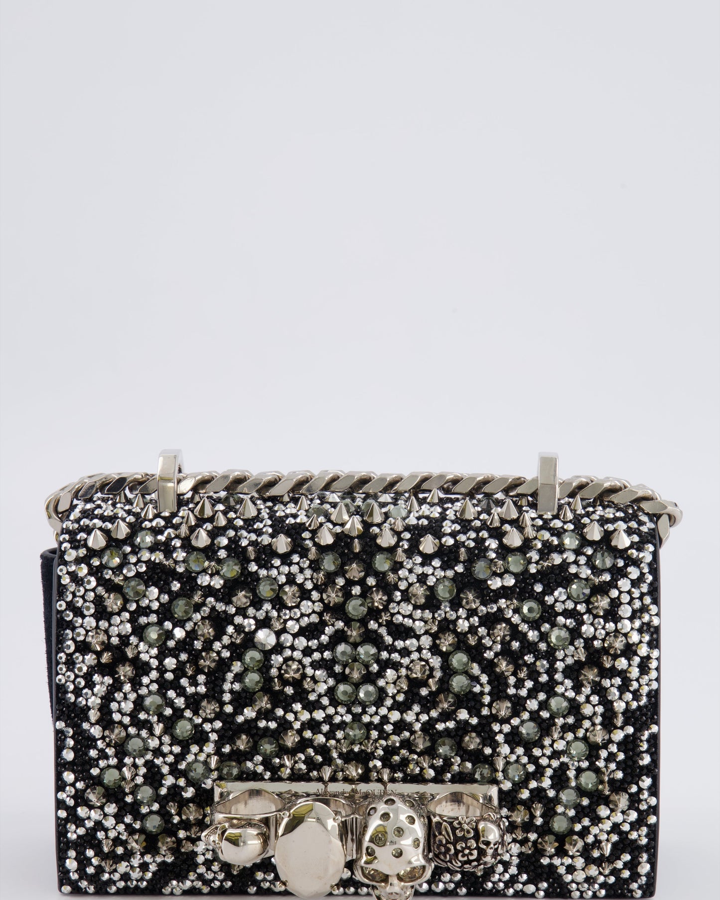 Alexander Mcqueen Black Crystal Embelished Suede Shoulder Bag with Skull and Spike Details
