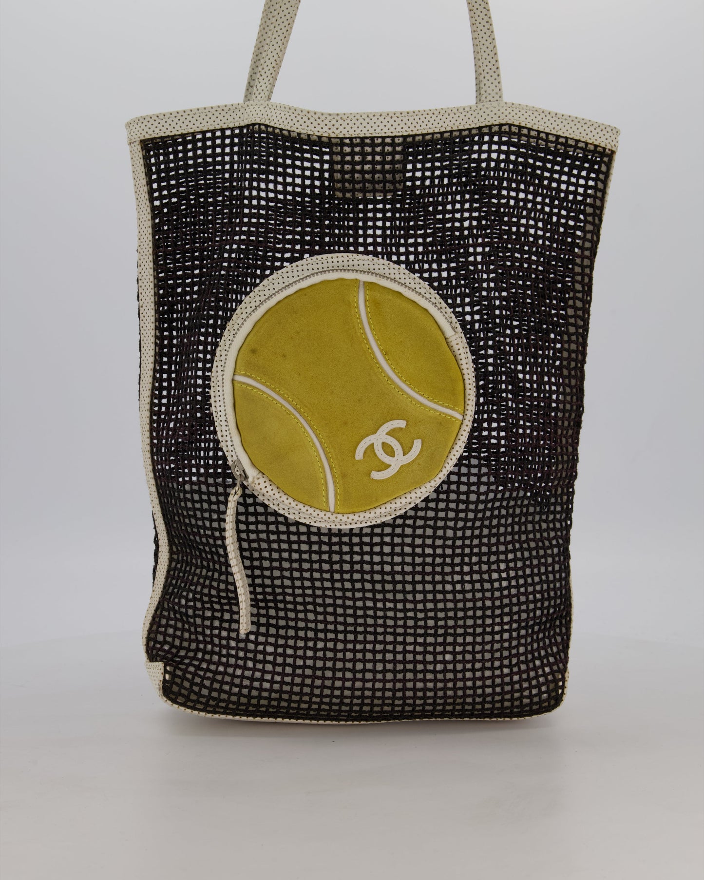 RARE Chanel Vintage Black 2004 Mesh Tennis Shopper Tote Bag with a Green Tennis Ball Pouch and CC Logo