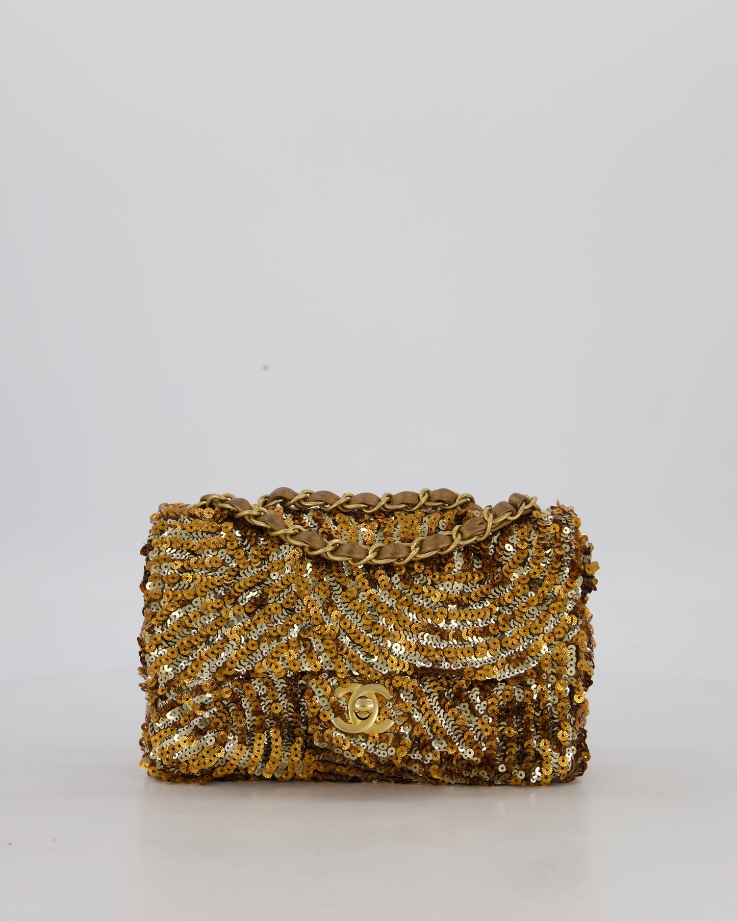 Chanel Classic Single Flap Bag in Metallic Gold and Silver Sequin with Gold Hardware