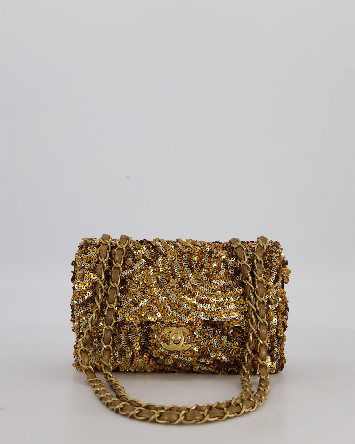 Chanel Classic Single Flap Bag in Metallic Gold and Silver Sequin with Gold Hardware