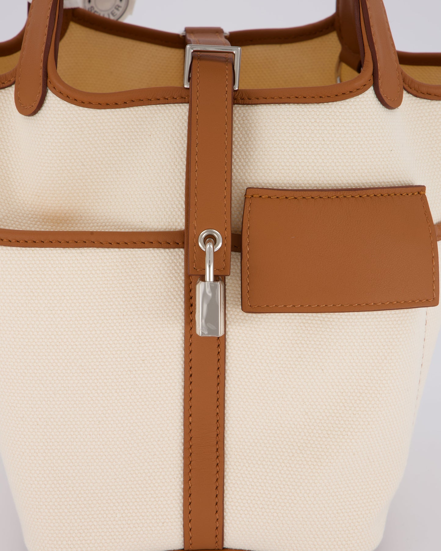 *HOT* Hermes Picotin 18 Lock Cargo Bag in Ecru Canvas & Gold Swift Leather with Palladium Hardware