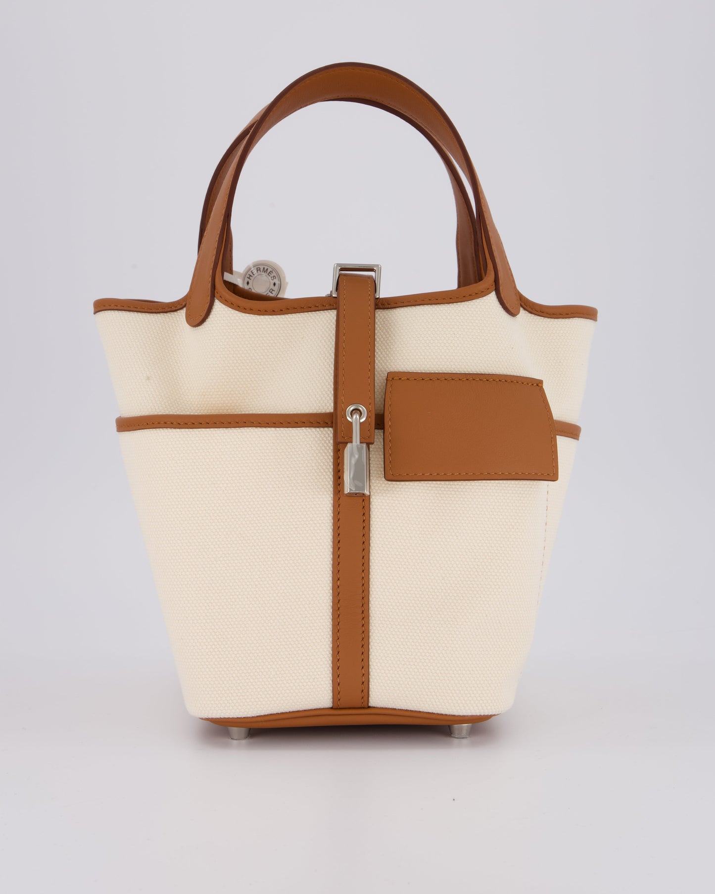 *HOT* Hermes Picotin 18 Lock Cargo Bag in Ecru Canvas & Gold Swift Leather with Palladium Hardware