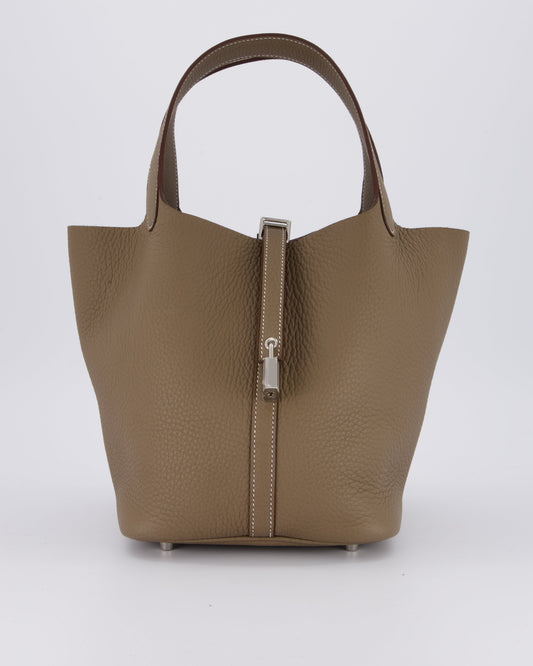 Hermes Picotin 22 Lock Bag in Etoupe Clemence Leather with Palladium Hardware
