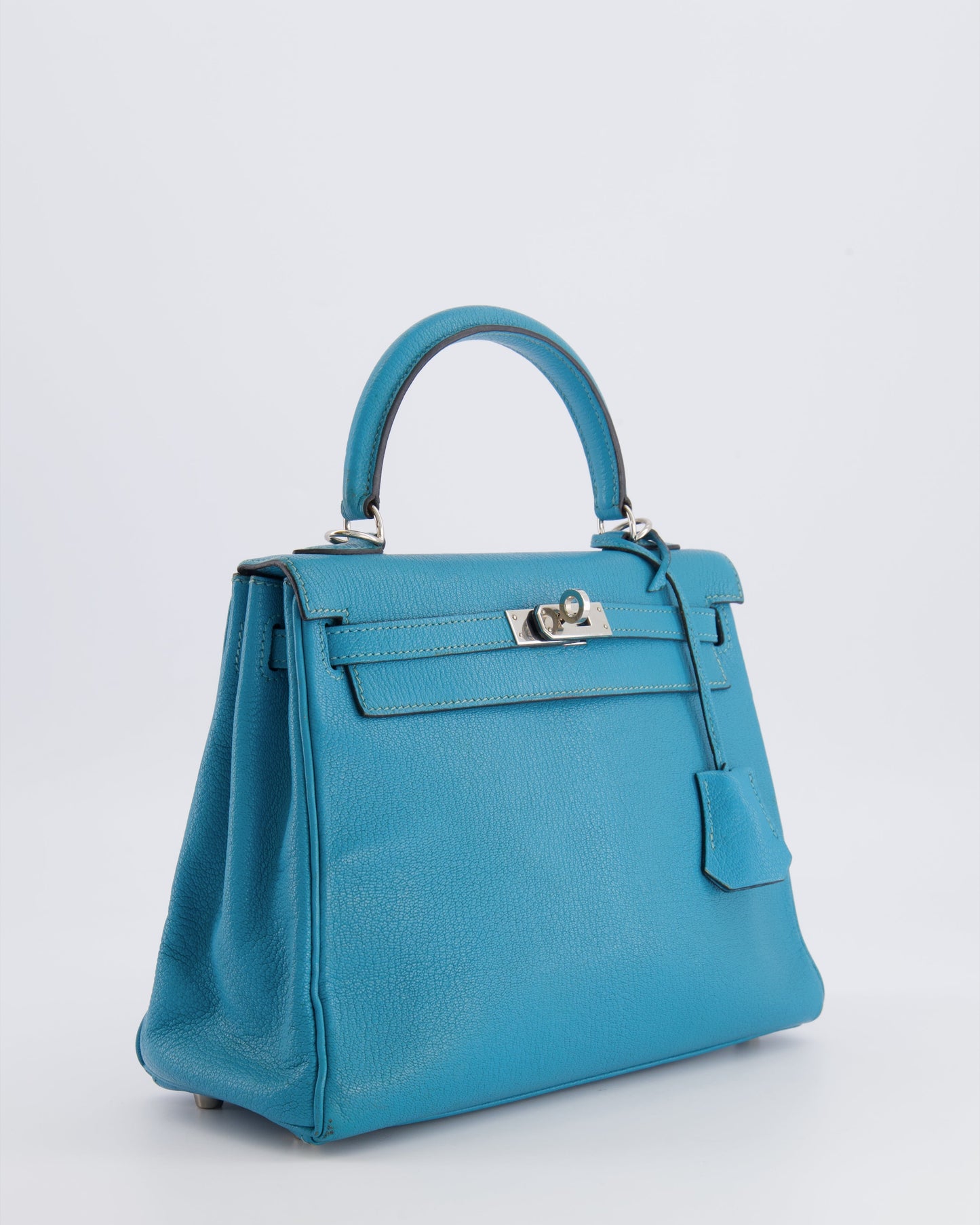 Hermes Kelly 25 Retourne Bag in Bleu Paon Evercolor Leather with Palladium Hardware