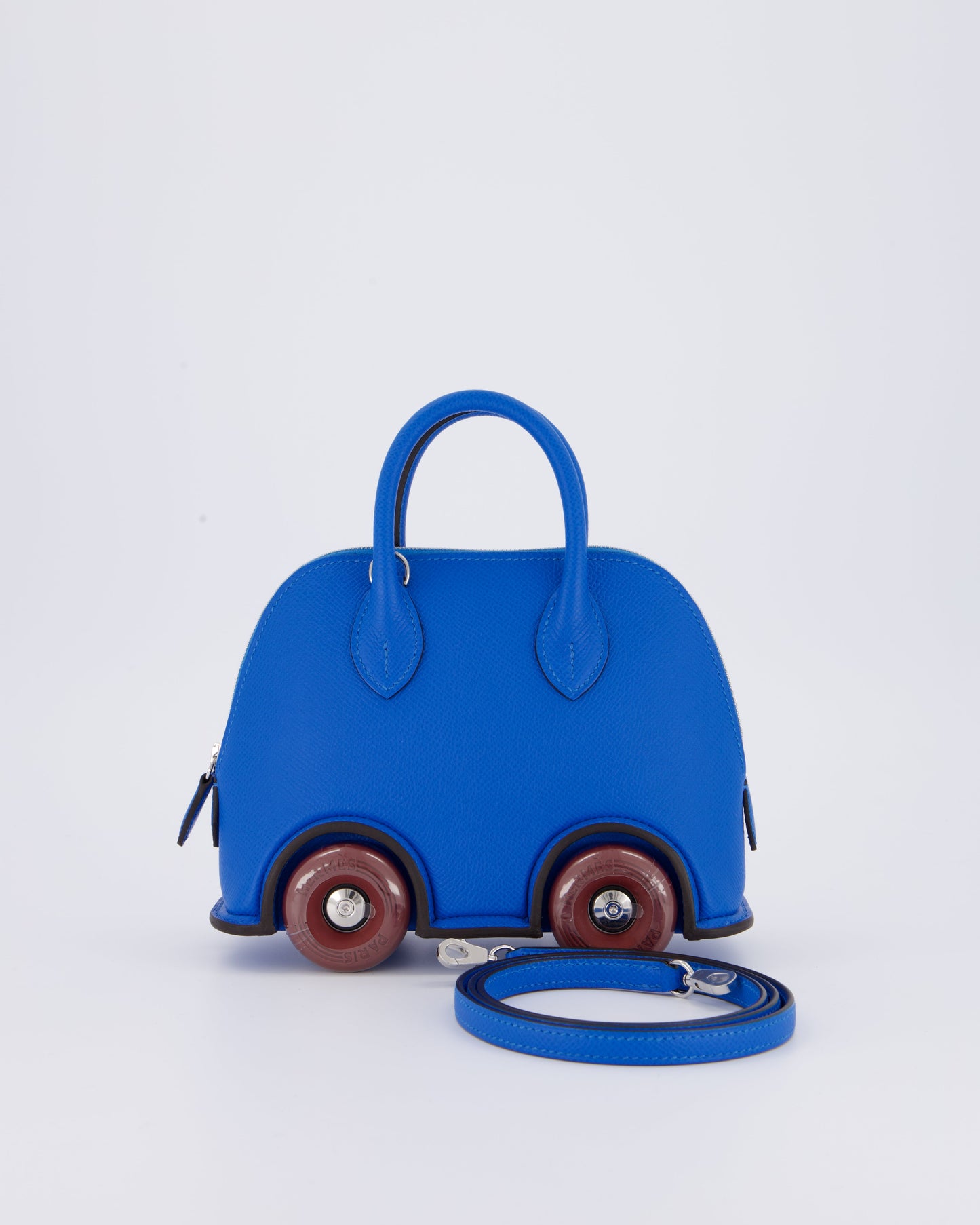 *SUPER RARE & HOT* Hermes Mini Bolide on Wheels Bag in Bleu Hydra Epsom Leather with Rouge H Wheels and Palladium Hardware