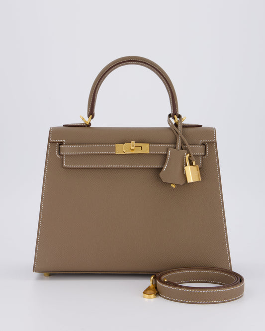 Hermes Kelly 25 Sellier Bag in Etoupe Epsom Leather and Gold Hardware