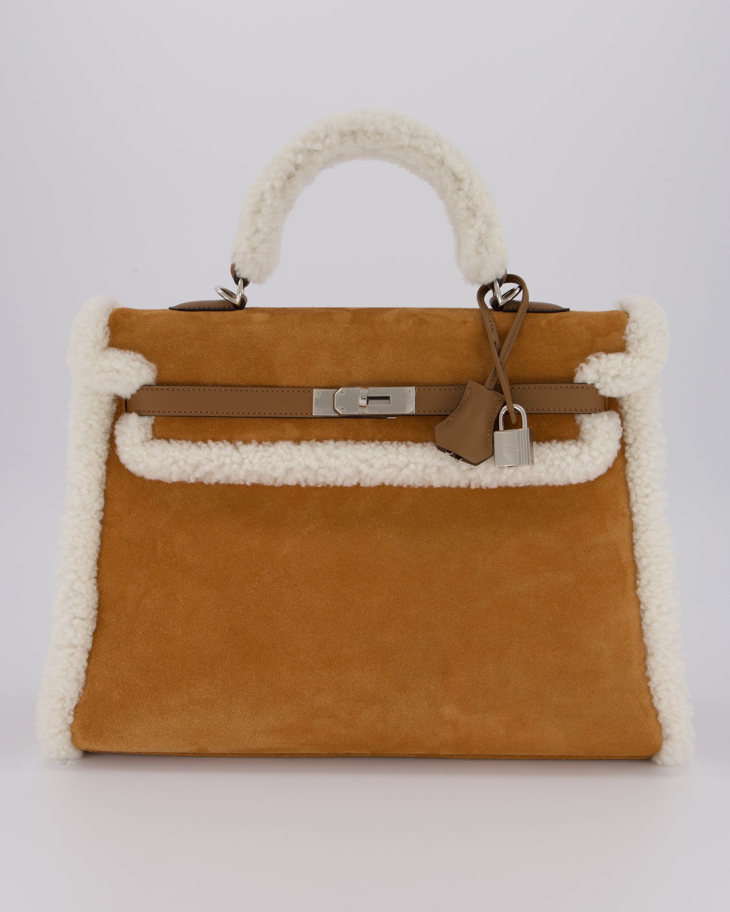 Hermes Kelly 35 Teddy Plush Grizzly Bag in Alezan Swift Leather, Ecru Plush & Chamois Grizzly Suede Leather with Palladium Hardware