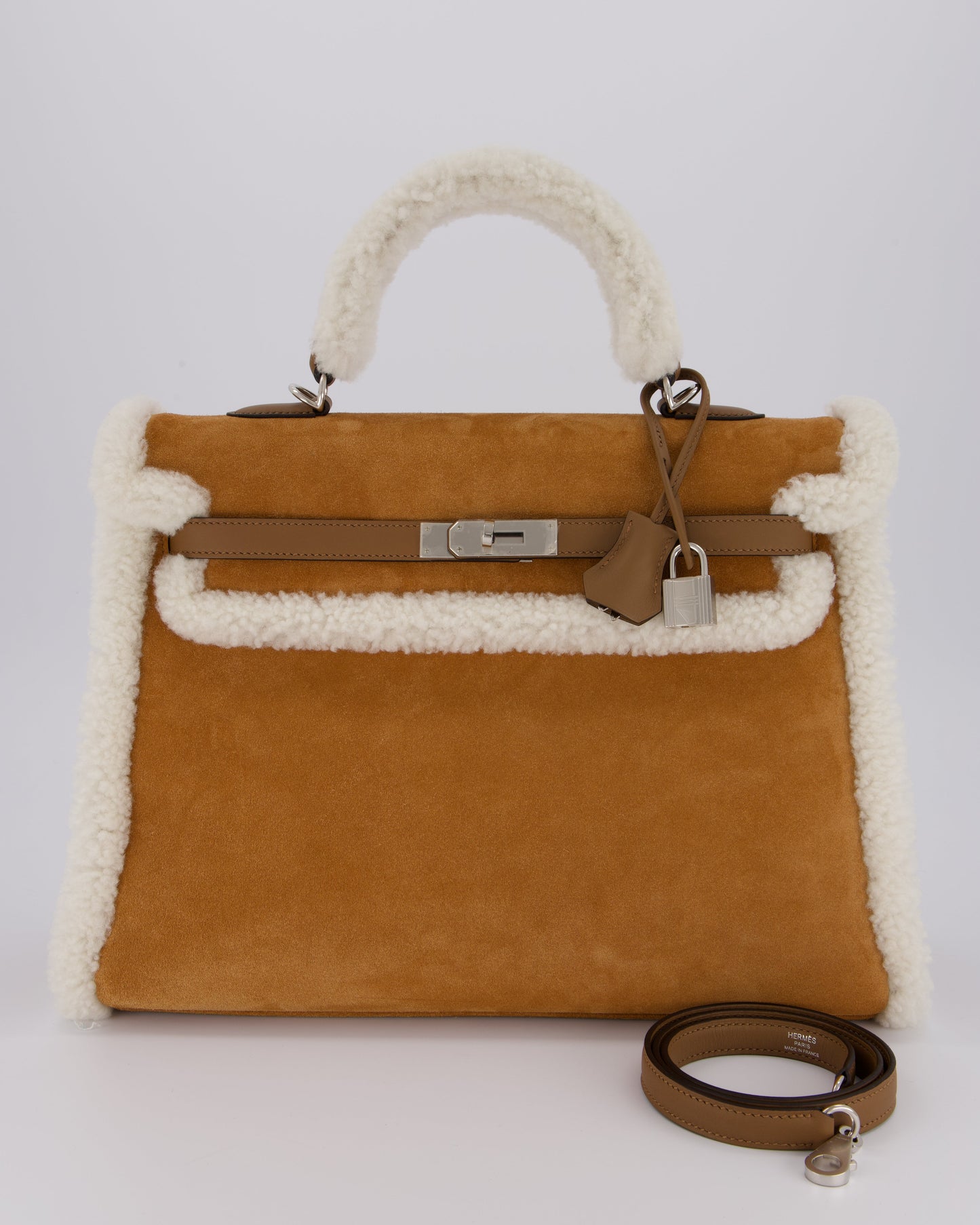 Hermes Kelly 35 Teddy Plush Grizzly Bag in Alezan Swift Leather, Ecru Plush & Chamois Grizzly Suede Leather with Palladium Hardware