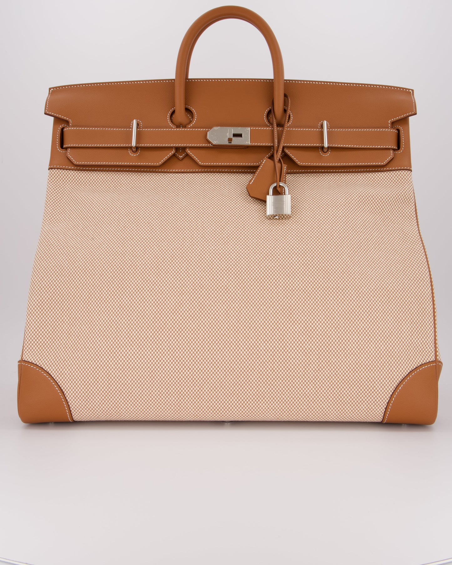 *RARE* Hermes Haut à Courroies HAC 50 Bag in Gold Evercolour Leather & Écru/Beige Toile Cross Canvas with Palladium Hardware