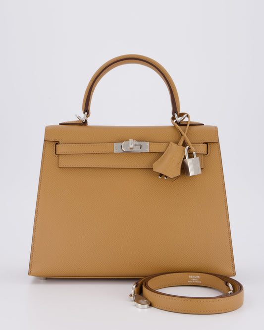 Hermes Kelly 25 Sellier Bag in Biscuit Epsom Leather with Palladium Hardware