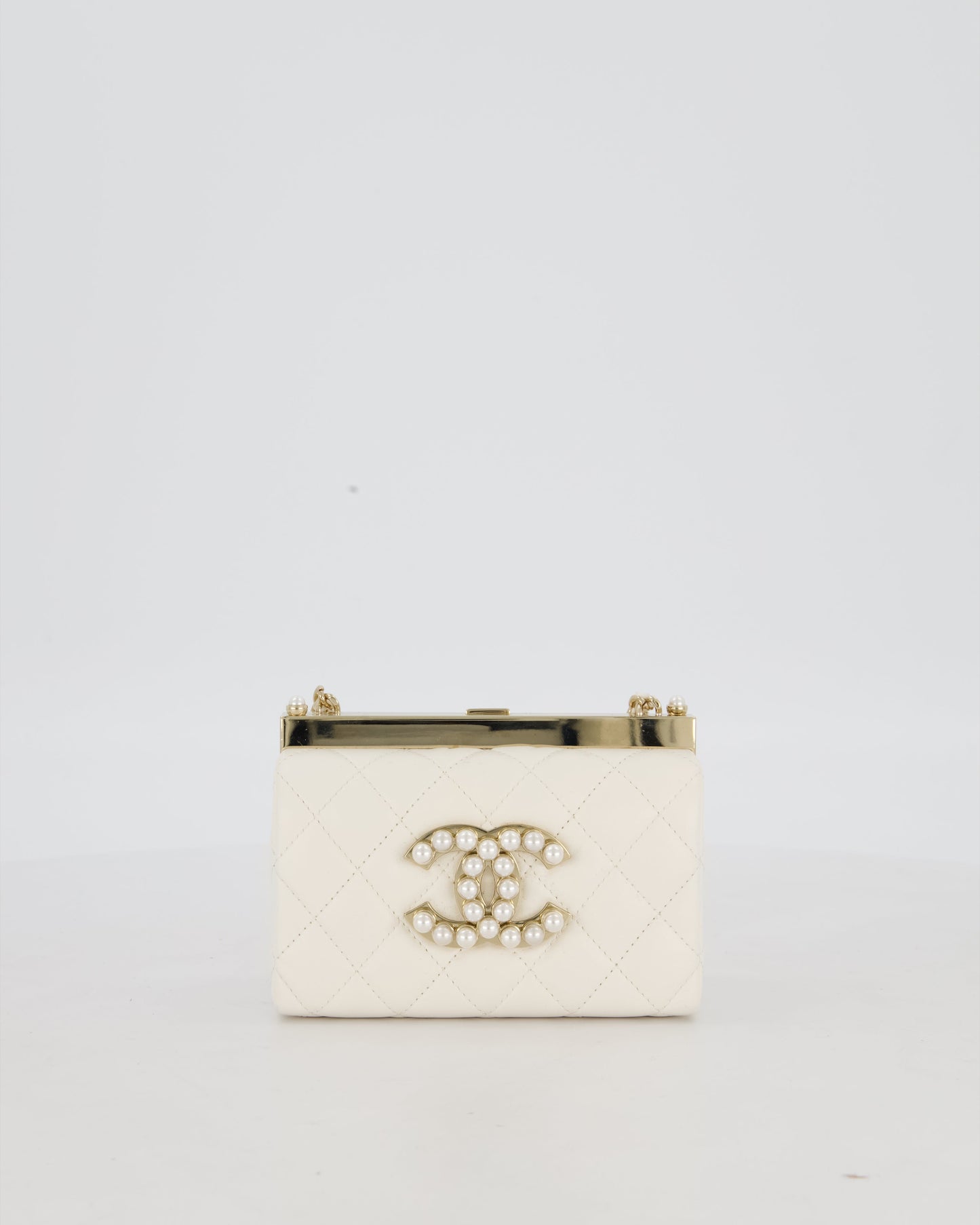 *HOT* Chanel White 2023 Métiers d'art Quilted Micro Bag in Lambskin Leather with Champagne Gold Hardware & Pearl CC Details