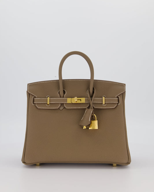 Hermes Birkin 25 Retourne Bag in Etoupe Togo Leather with Gold Hardware