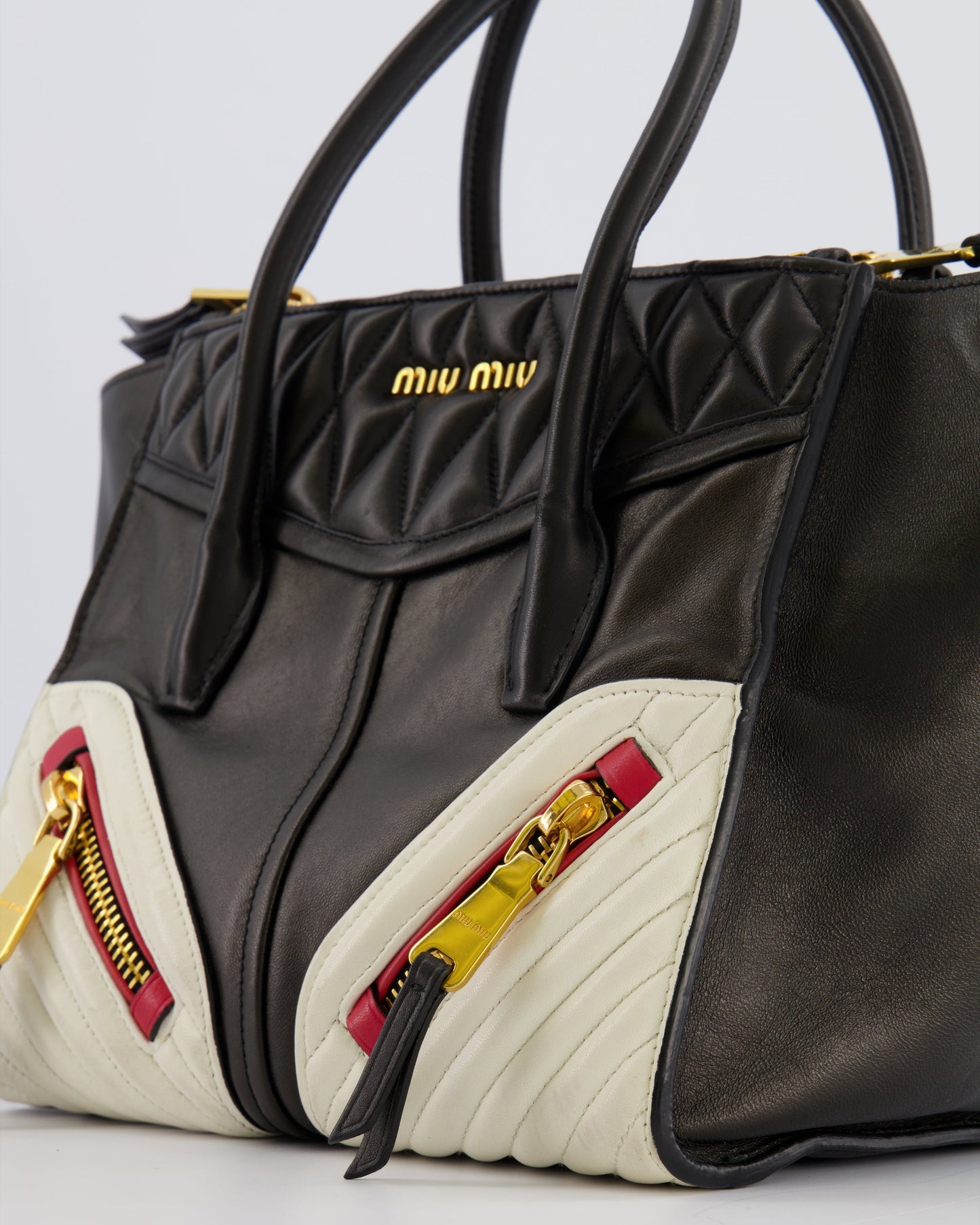 Miu Miu Black, White and Red Leather Biker Bag with Zip Details and Gold Hardware