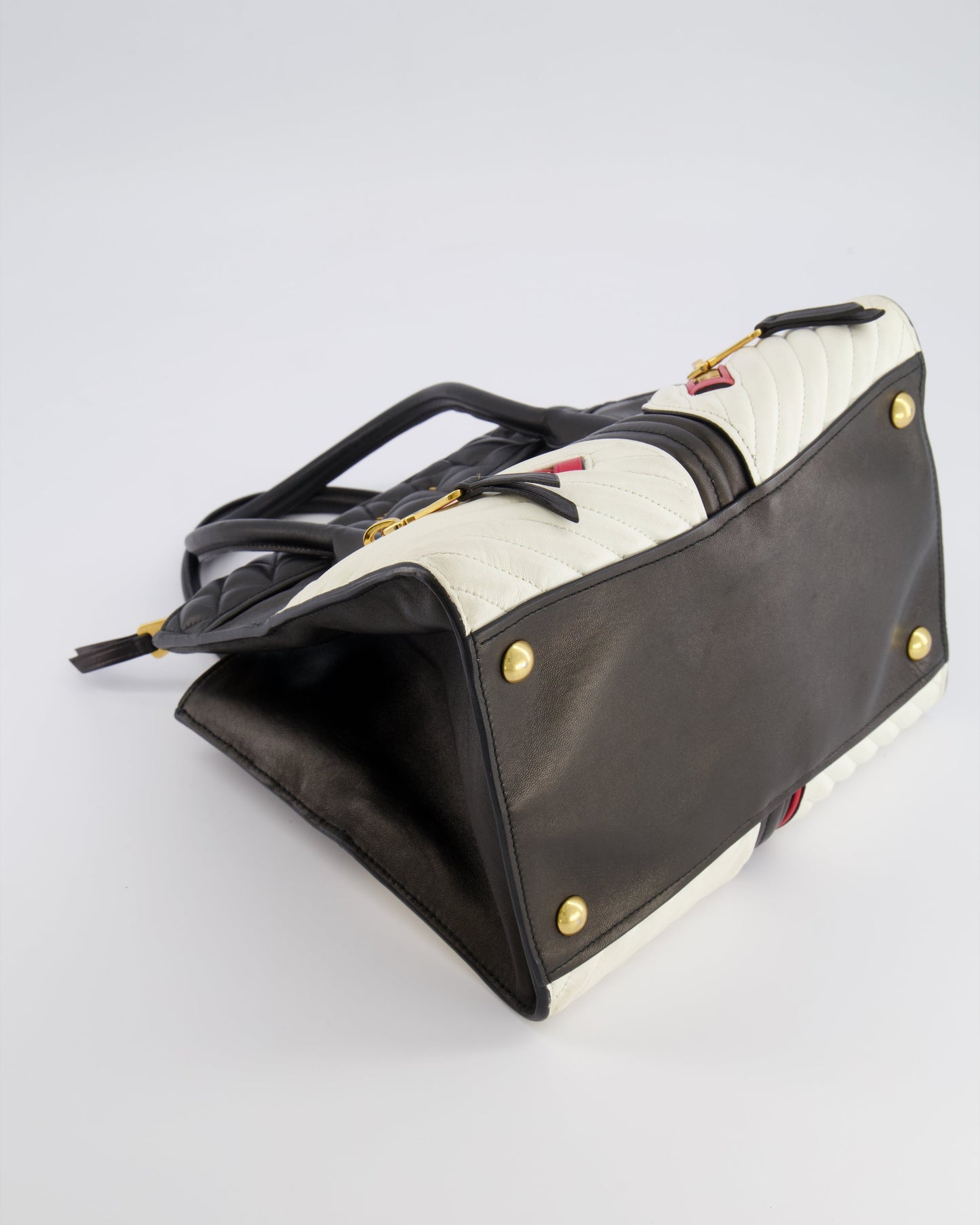 Miu Miu Black, White and Red Leather Biker Bag with Zip Details and Gold Hardware