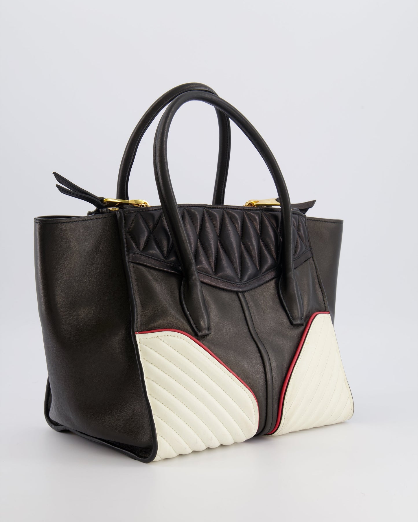 Miu Miu Black, White and Red Leather Biker Bag with Zip Details and Gold Hardware