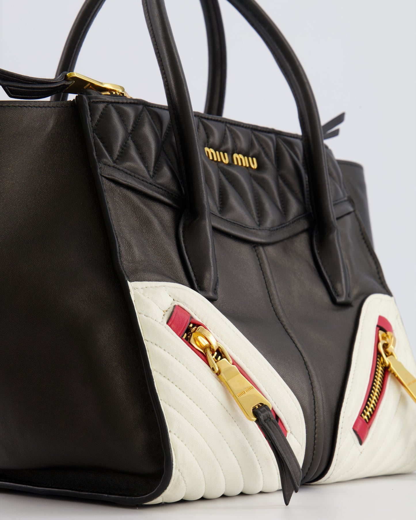 Miu Miu Black, White and Red Leather Biker Bag with Zip Details and Gold Hardware