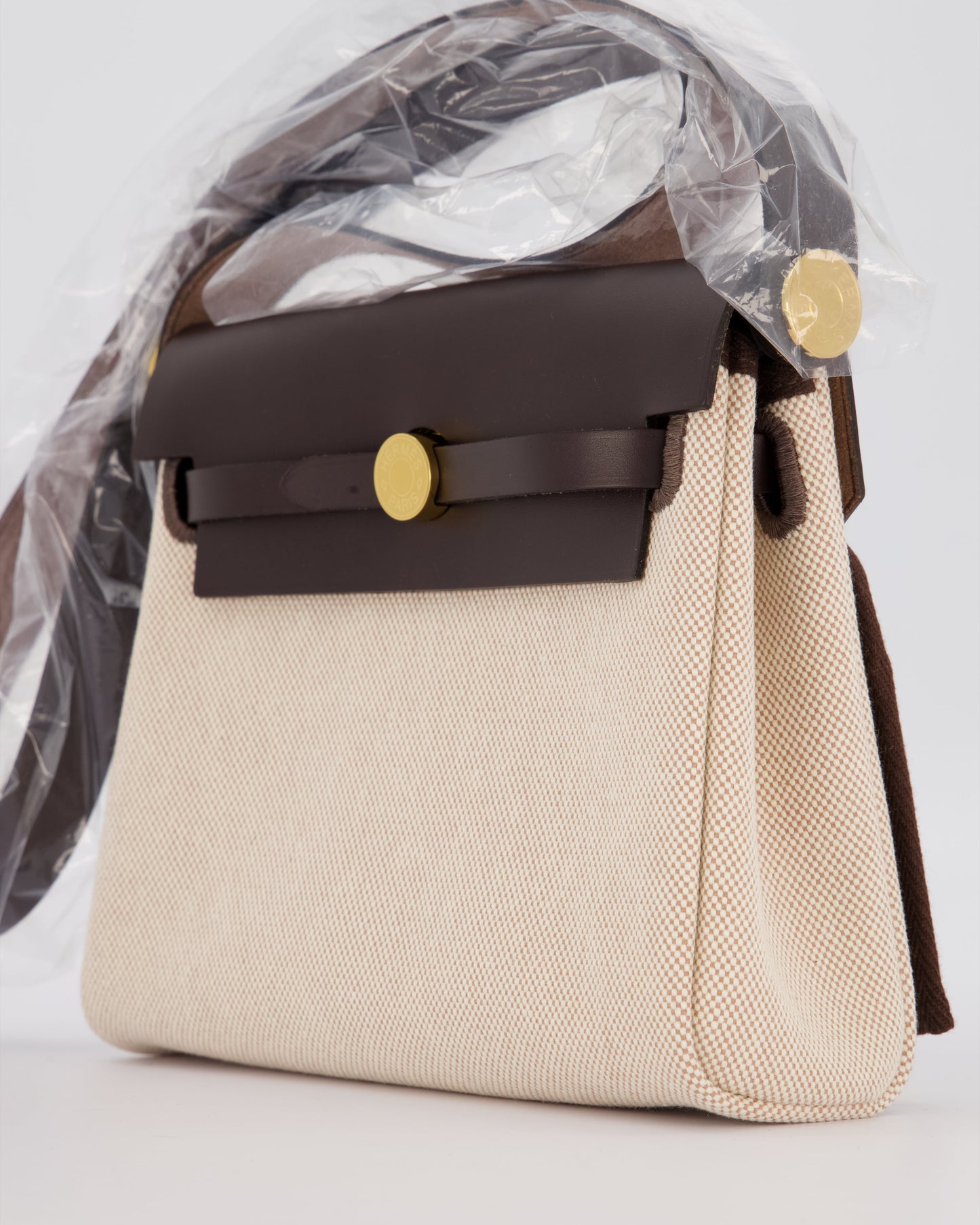 *HOT & RARE* Hermes Mini Herbag Zip 20 Bag in Ebene Vache Hunter Leather & Ecru/Beige Viking Canvas with Gold Hardware
