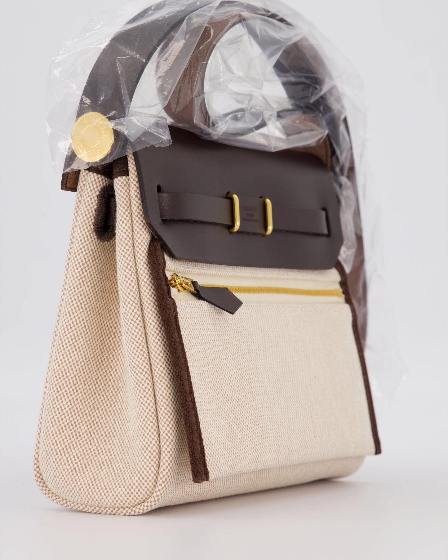 *HOT & RARE* Hermes Mini Herbag Zip 20 Bag in Ebene Vache Hunter Leather & Ecru/Beige Viking Canvas with Gold Hardware