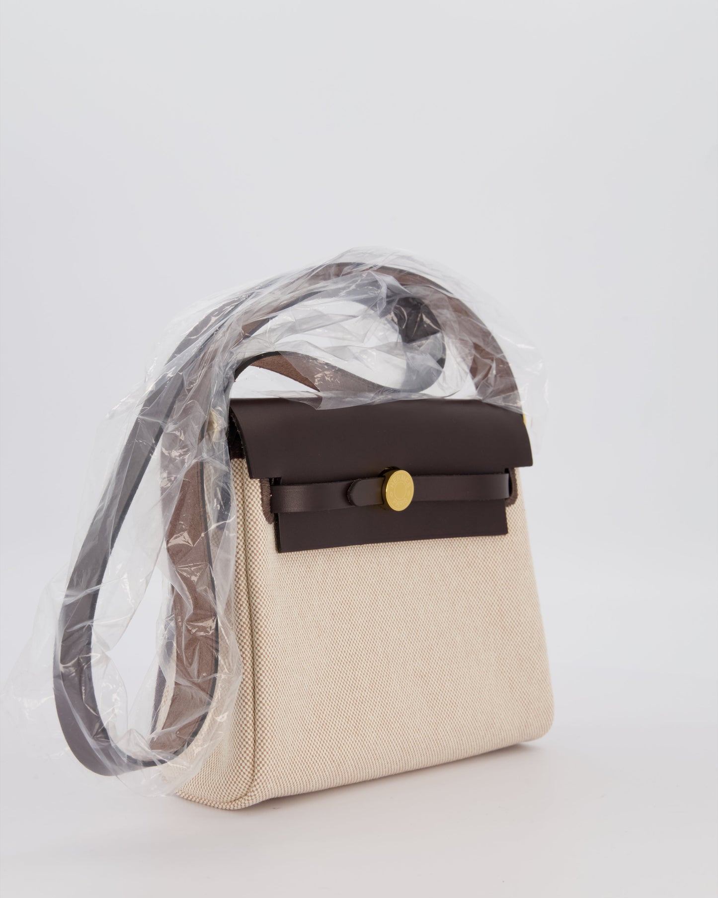 *HOT & RARE* Hermes Mini Herbag Zip 20 Bag in Ebene Vache Hunter Leather & Ecru/Beige Viking Canvas with Gold Hardware