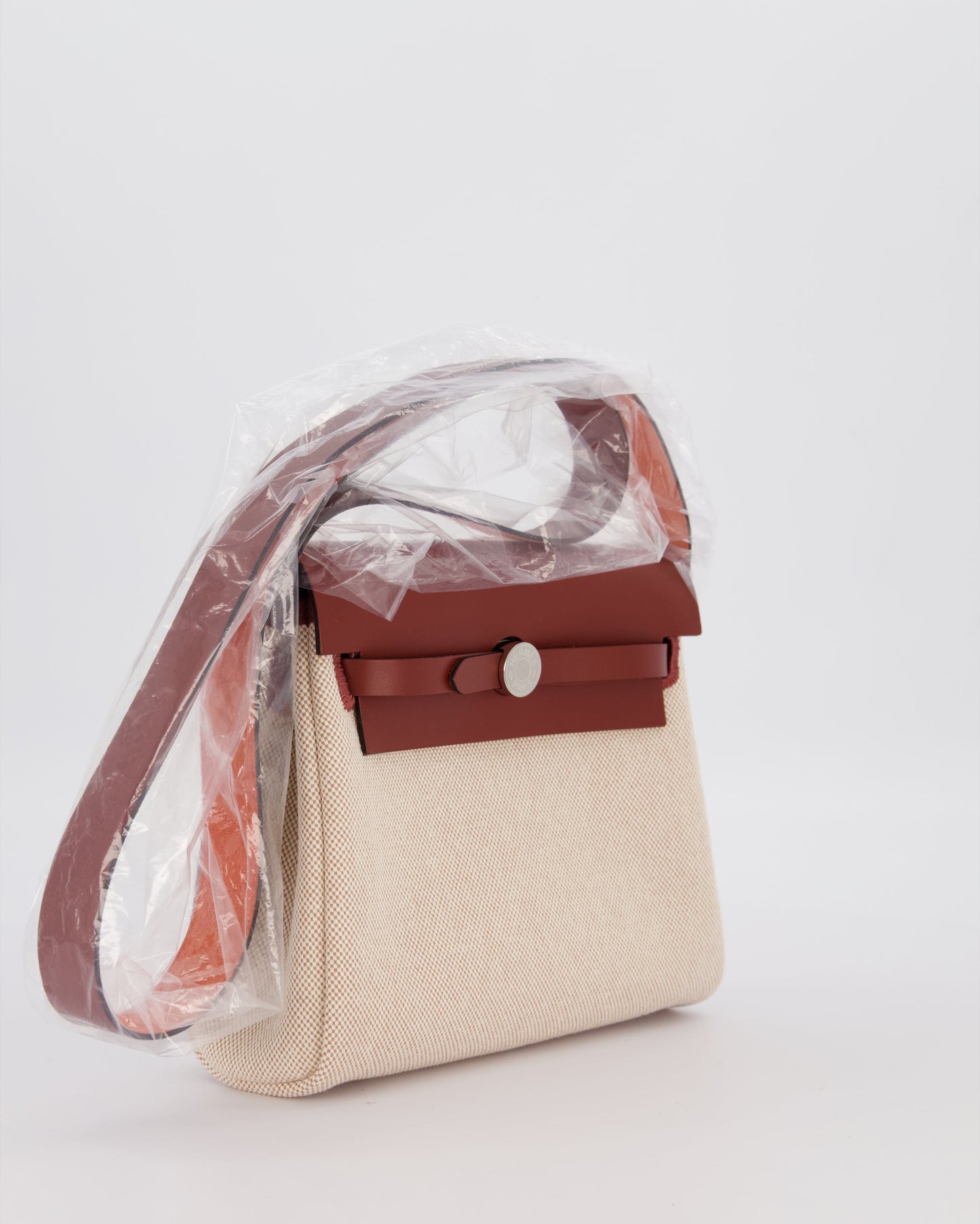 *HOT & RARE* Hermes Mini Herbag Zip 20 Bag in Rouge H Vache Hunter Leather & Ecru/Beige Viking Canvas with Palladium Hardware