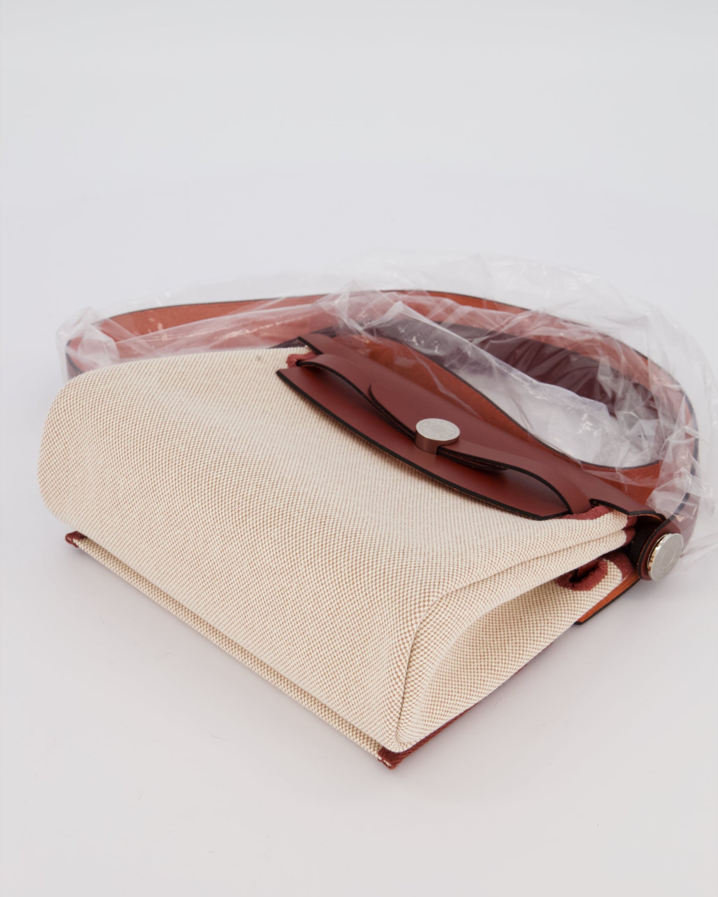 *HOT & RARE* Hermes Mini Herbag Zip 20 Bag in Rouge H Vache Hunter Leather & Ecru/Beige Viking Canvas with Palladium Hardware