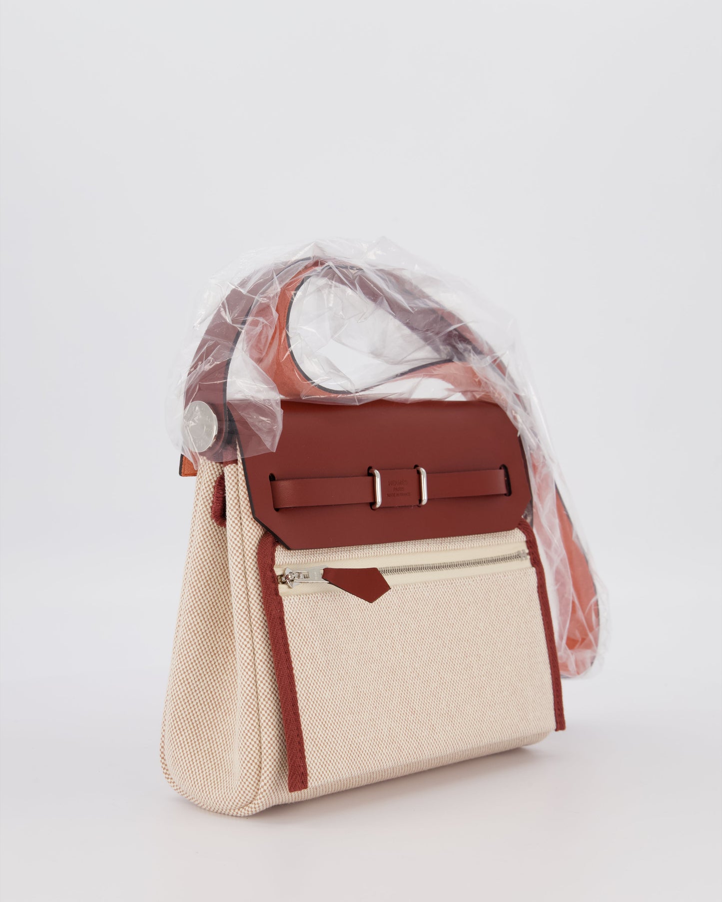 *HOT & RARE* Hermes Mini Herbag Zip 20 Bag in Rouge H Vache Hunter Leather & Ecru/Beige Viking Canvas with Palladium Hardware