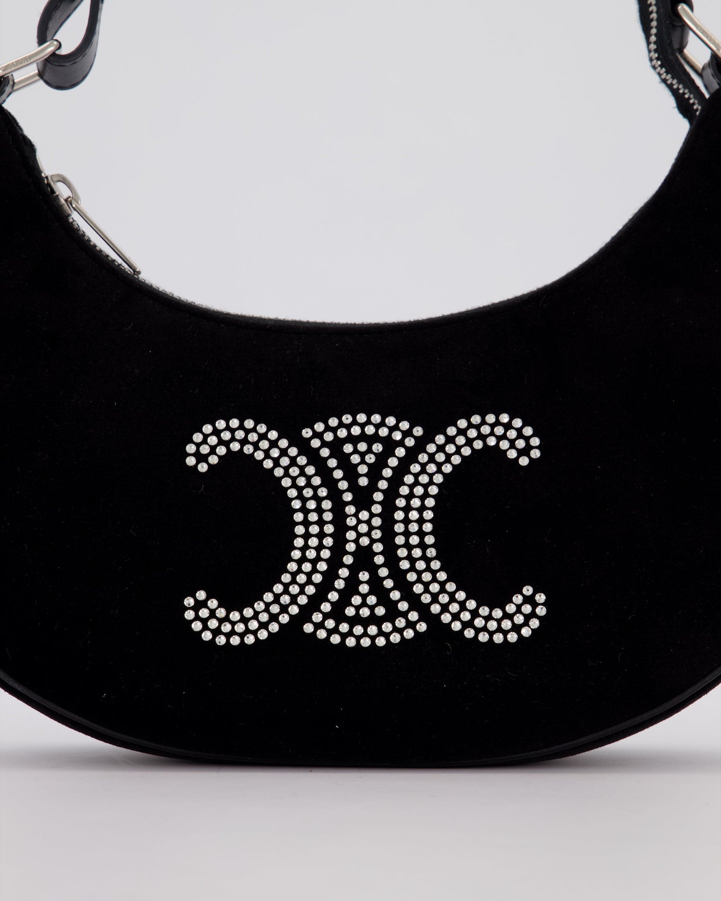 Celine Black Ava Triophe Shoulder Bag in Velvet with Crystal Details