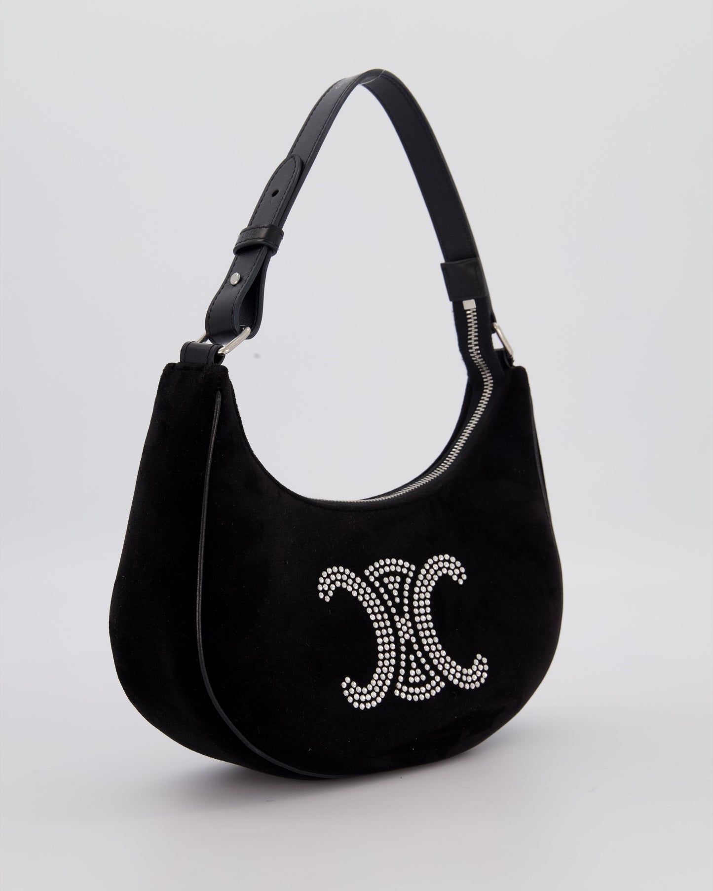 Celine Black Ava Triophe Shoulder Bag in Velvet with Crystal Details