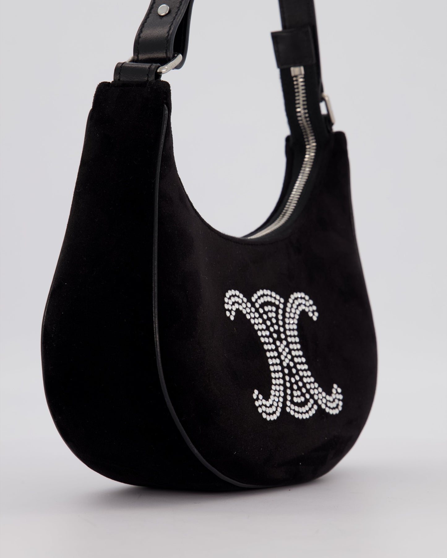 Celine Black Ava Triophe Shoulder Bag in Velvet with Crystal Details
