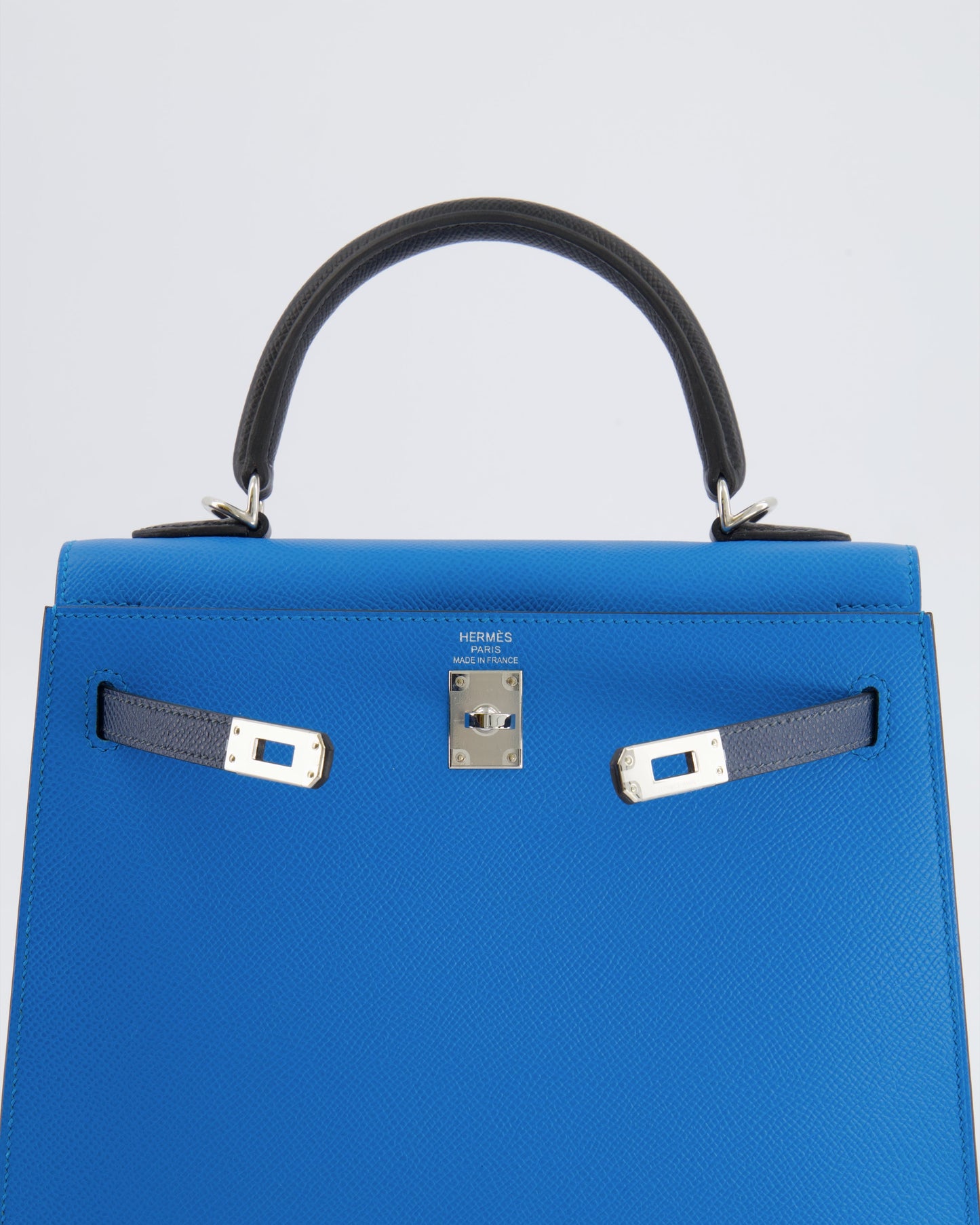 Hermes Kelly II Tricolour 25 Sellier Bag in Bleu Zanzibar, Bleu De Prusse and Noir Epsom Leather with Palladium Hardware