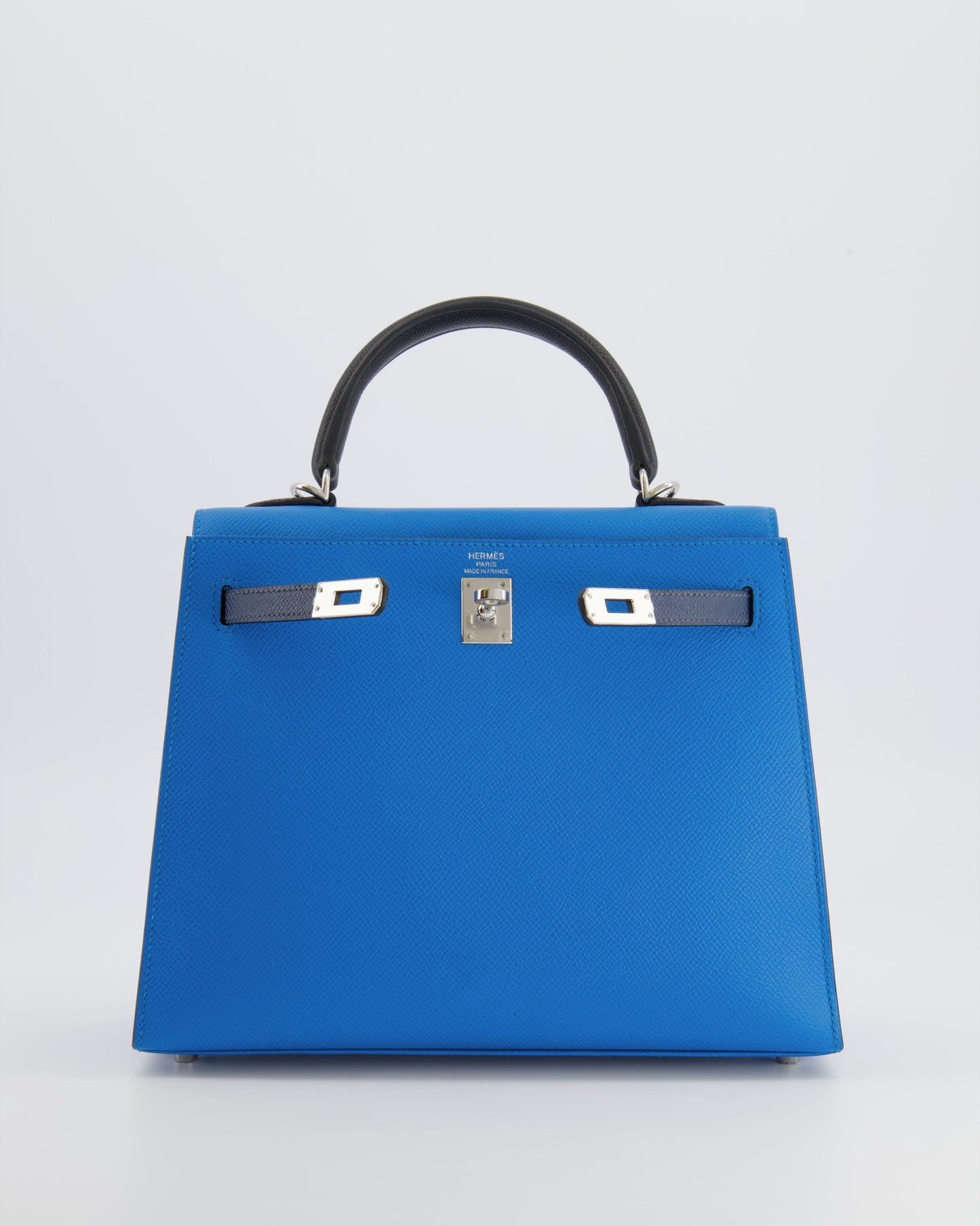 Hermes Kelly II Tricolour 25 Sellier Bag in Bleu Zanzibar, Bleu De Prusse and Noir Epsom Leather with Palladium Hardware