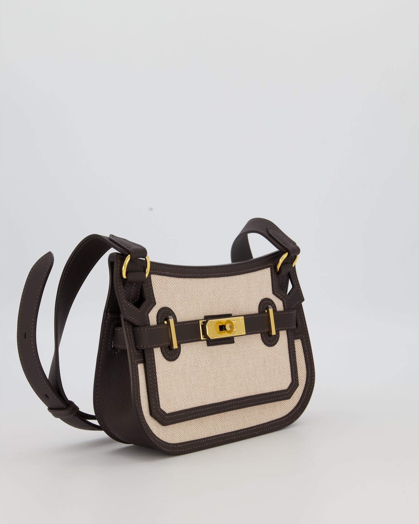 Hermes Mini Jypsiere Crossbody Bag in Bai Brun Swift Leather and Cream Canvas with Gold Hardware