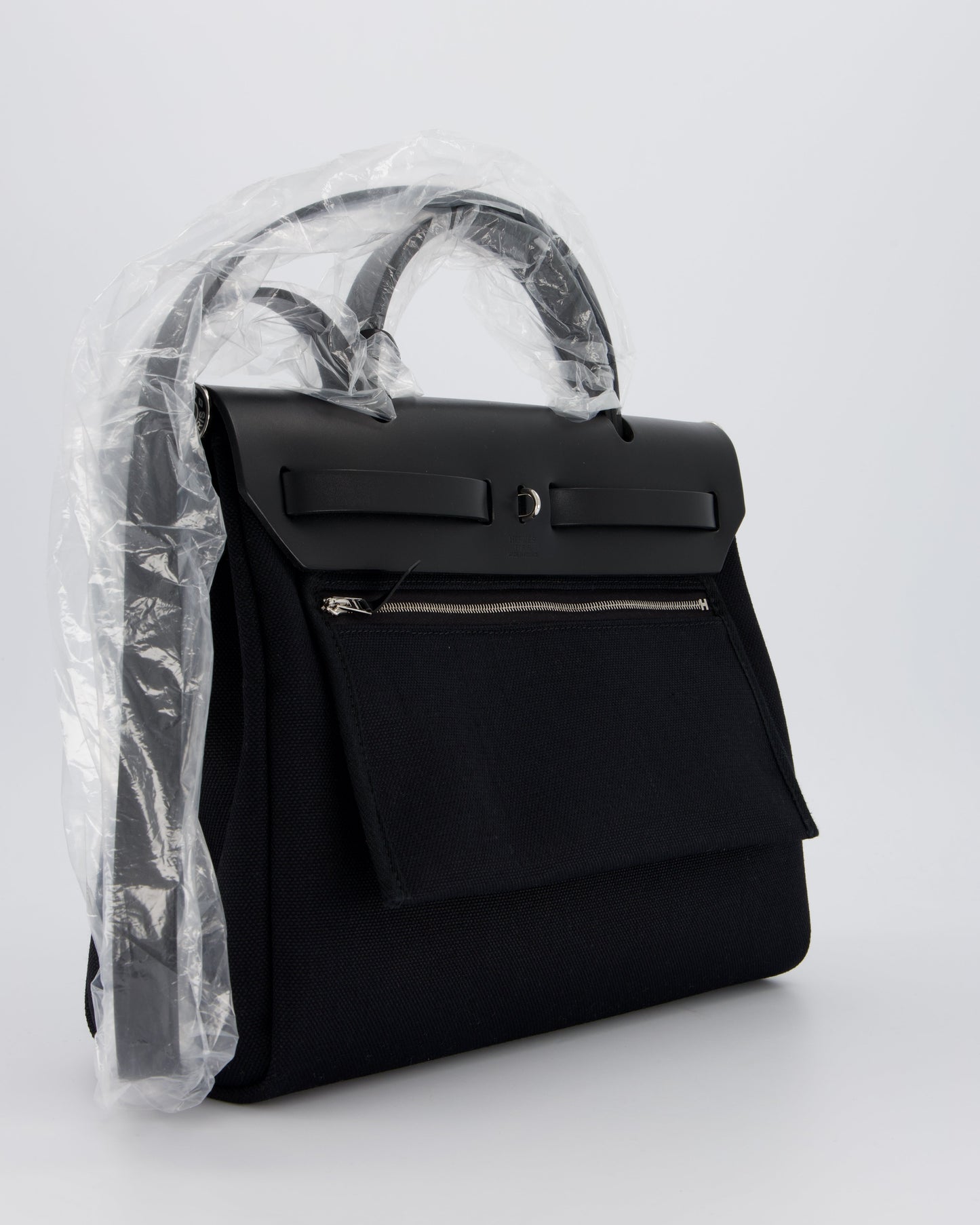 *HOT & RARE* Hermes Herbag 31 Laque Zip Bag in Noir Toile Militaire Canvas, Noir Vache Hunter Leather with Palladium & Noir Hardware