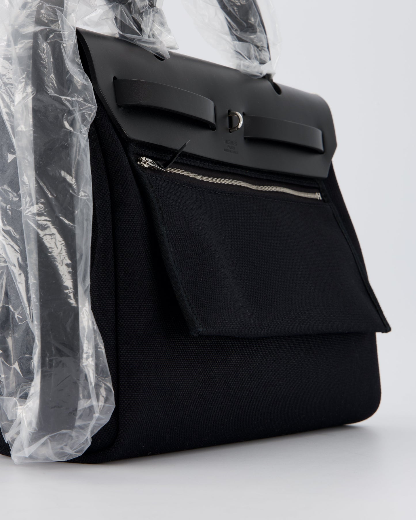 *HOT & RARE* Hermes Herbag 31 Laque Zip Bag in Noir Toile Militaire Canvas, Noir Vache Hunter Leather with Palladium & Noir Hardware