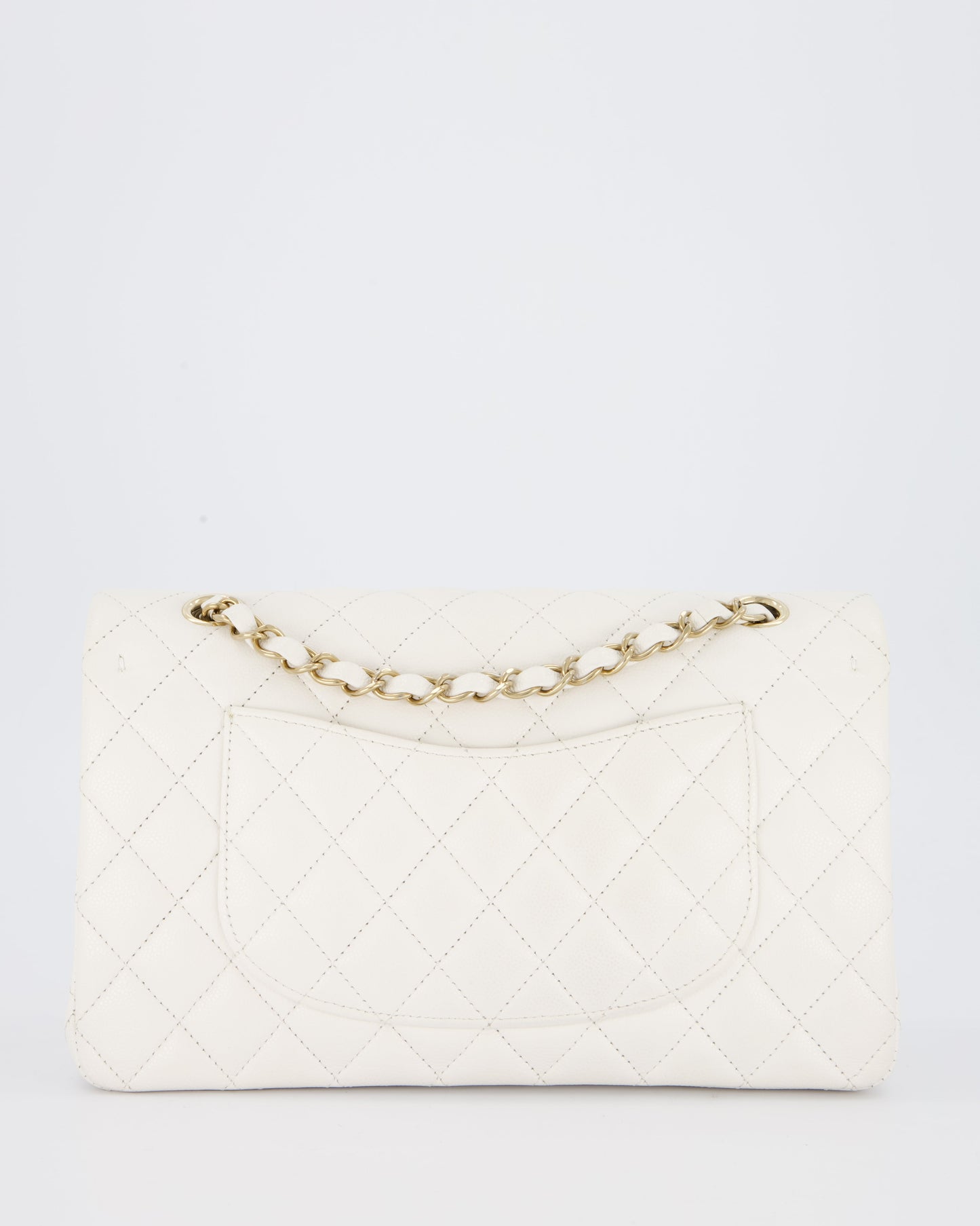 Chanel White Medium Classic Double Flap Bag in Caviar Leather with Champagne Gold Hardware