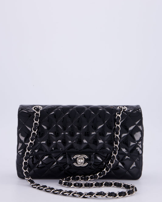 Chanel Medium Double Flap Bag in Black Patent Leather with Silver Hardware