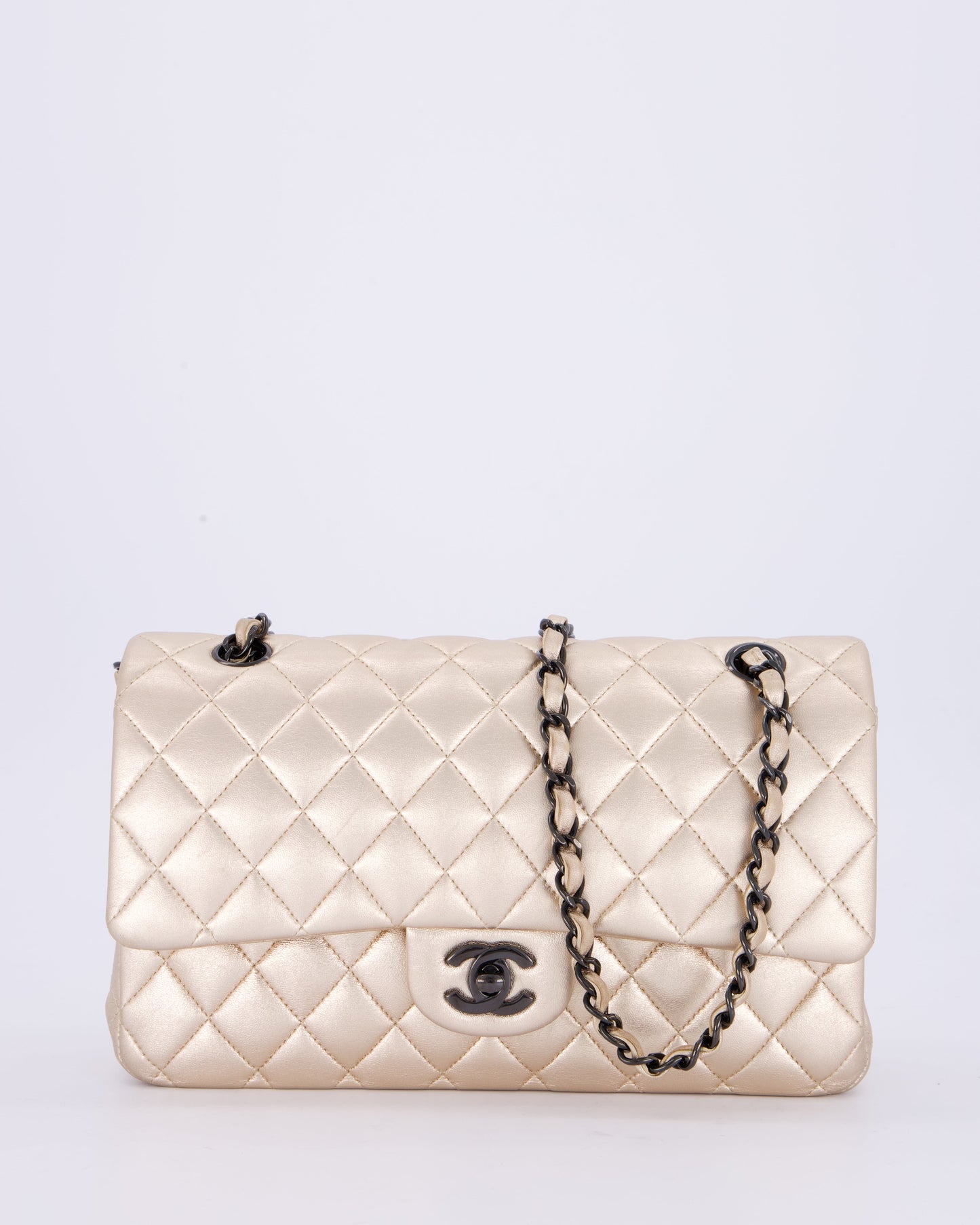 *RARE* Chanel Metallic Gold Medium Classic Double Flap Bag in Lambskin Leather with So Black Hardware
