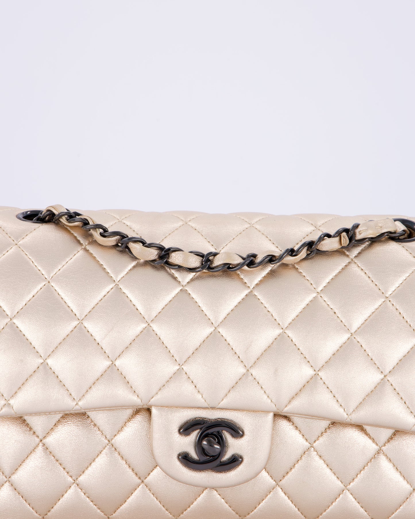 *RARE* Chanel Metallic Gold Medium Classic Double Flap Bag in Lambskin Leather with So Black Hardware