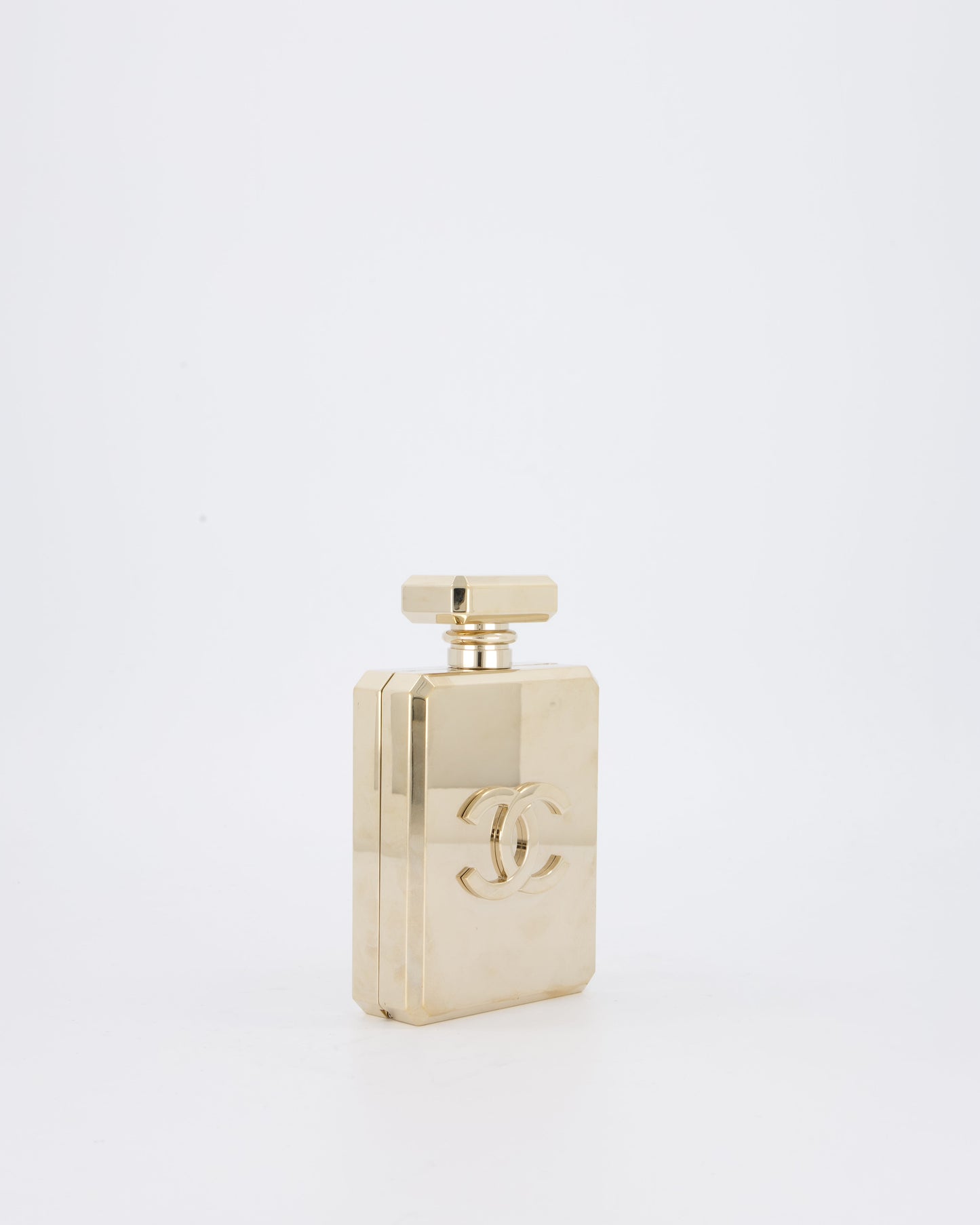 Chanel 2022 Gold Minaudière Perfume Bottle with Chanel CC Logo and Letter Details