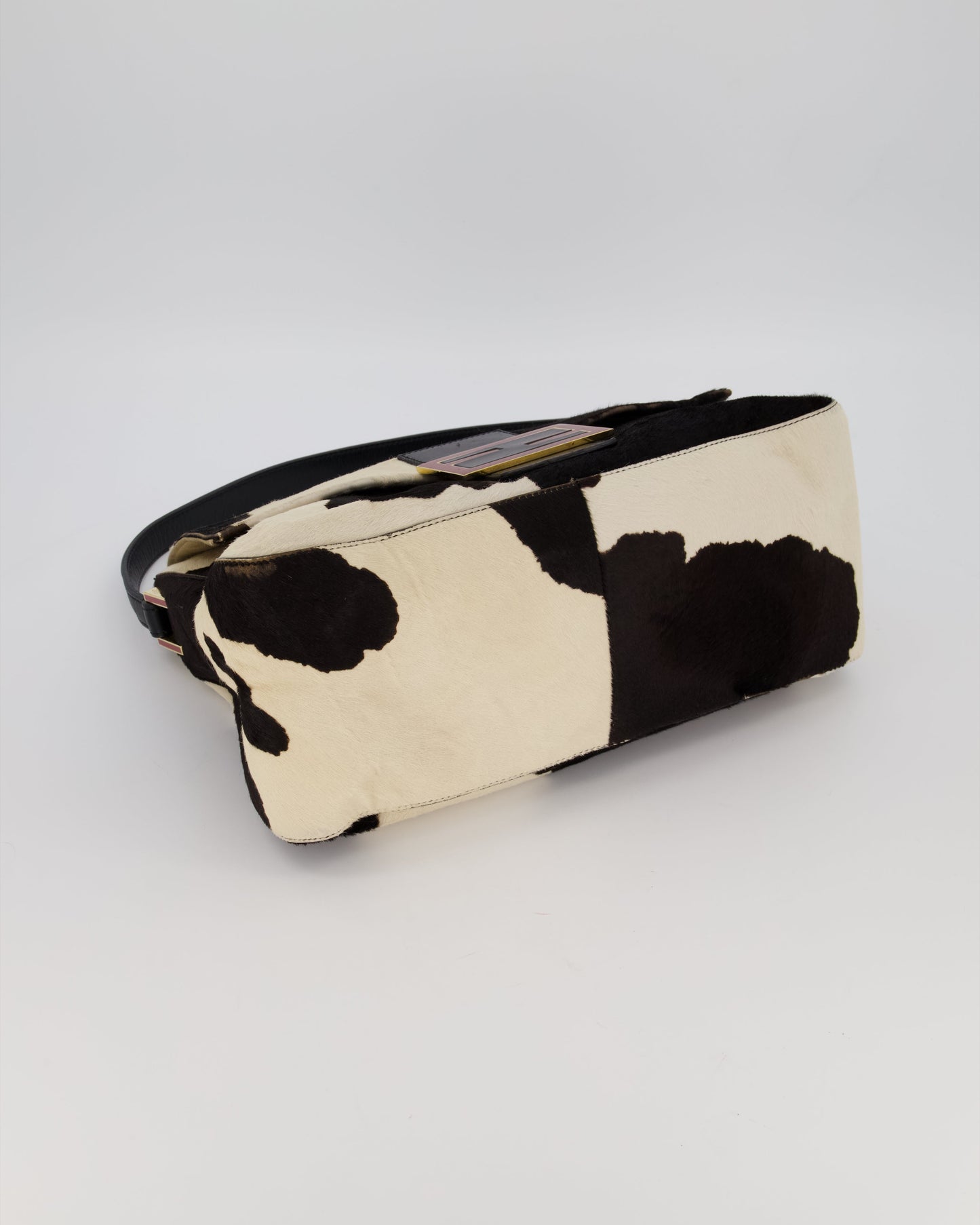 *RARE* Fendi Vintage Large Mamma Baguette Bag in Cow Print Pony Hair and Leather with Gold Hardware & Red FF Logo
