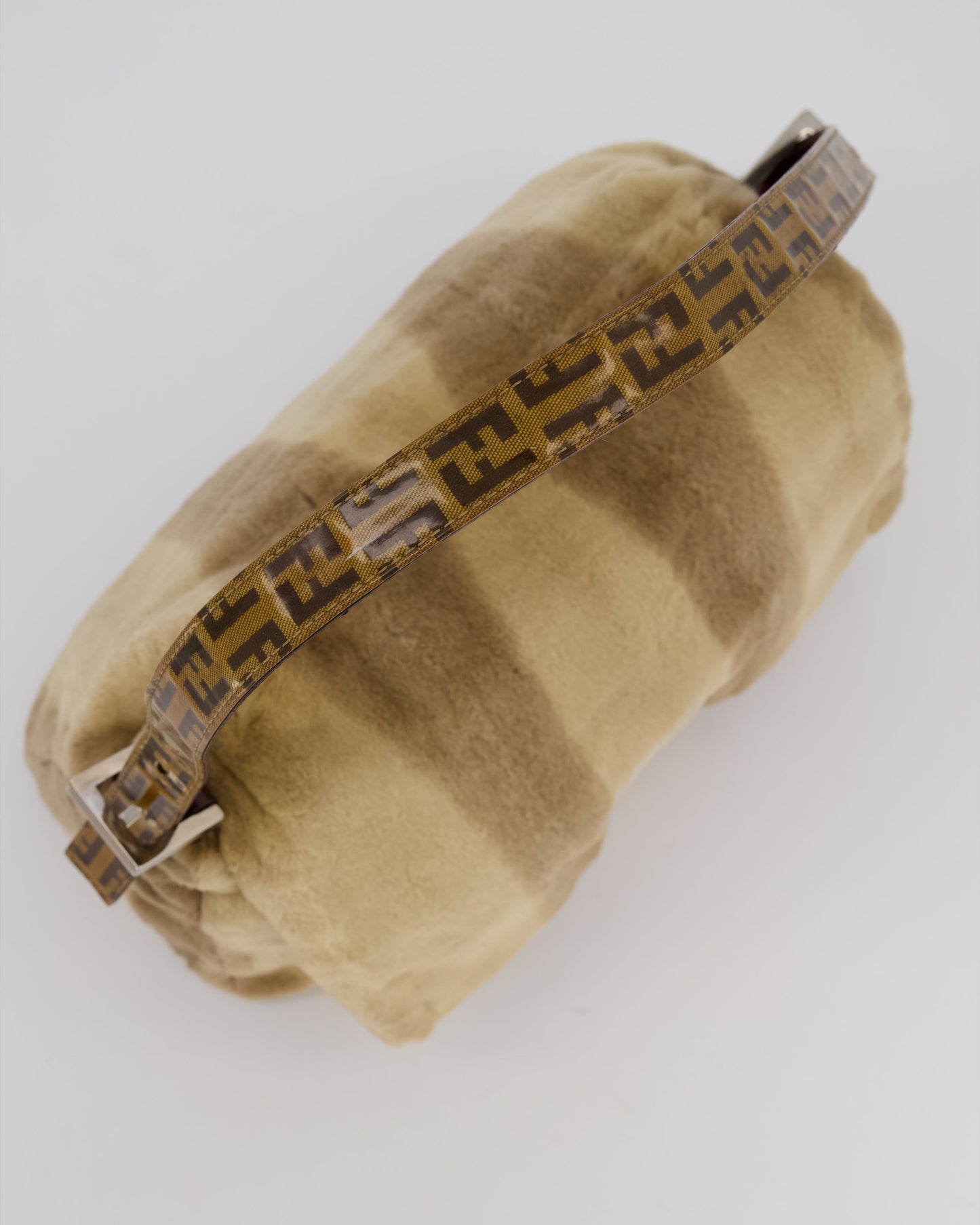 Fendi Vintage Medium Mamma Baguette Bag in Beige Rabbit Fur with Silver Hardware & Brown FF Strap