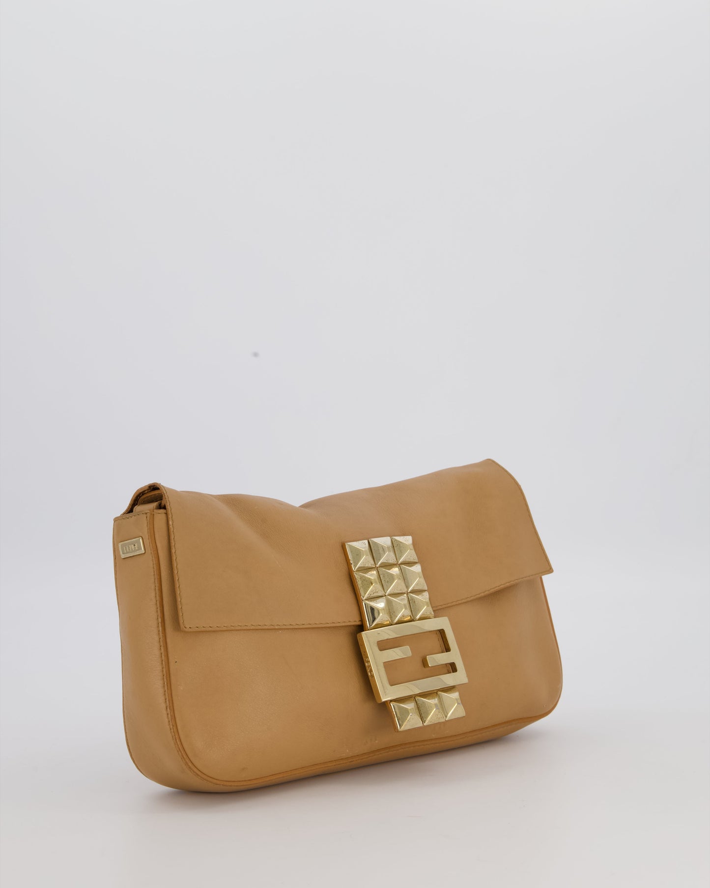 Fendi Vintage Baguette Bag in Beige Lambskin Leather with Gold Studded Hardware