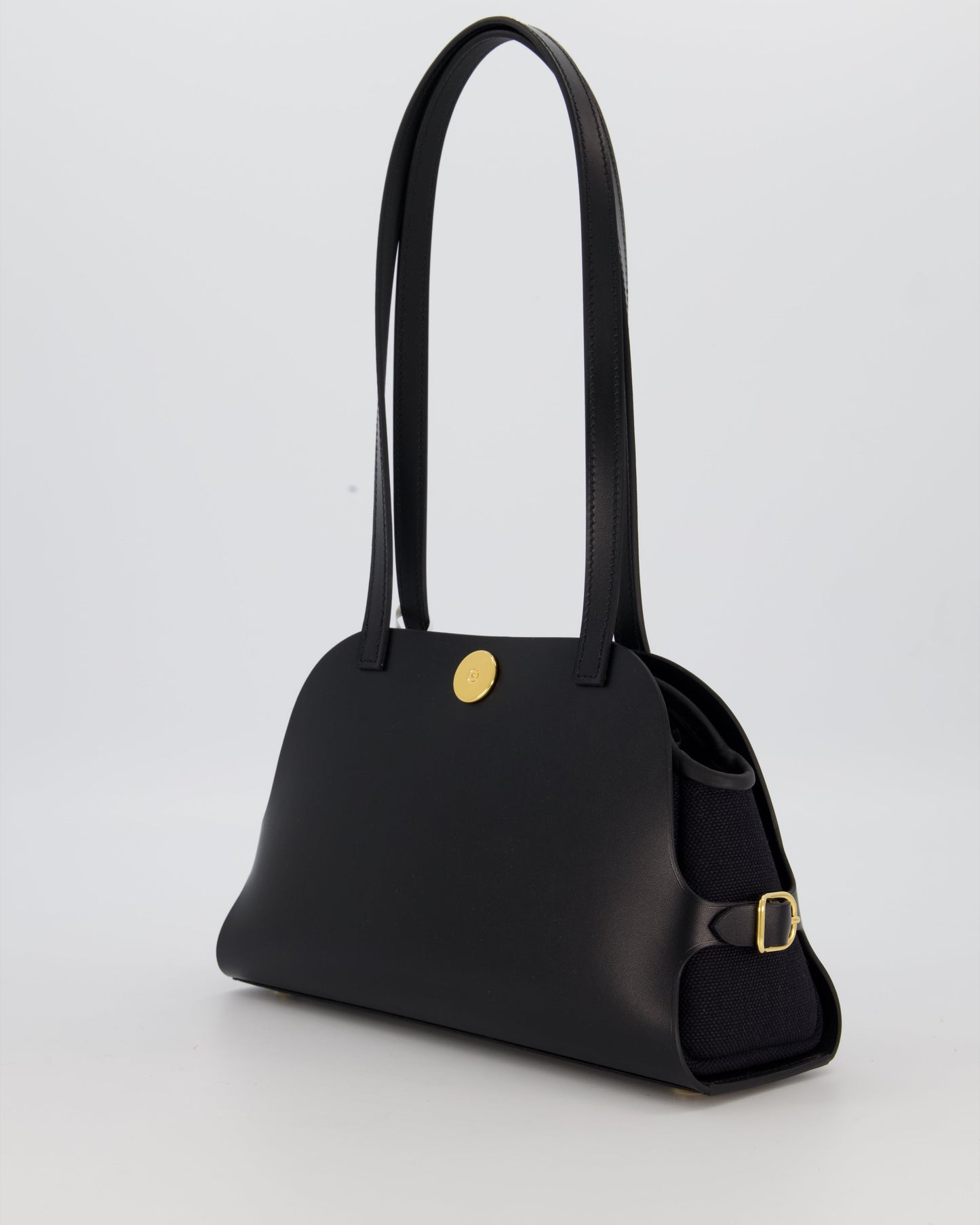 Hermes Tablier Sellier Bag in Noir Hunter Cowhide, Noir Swift Leather and Noir Militaire Canvas with Gold Hardware